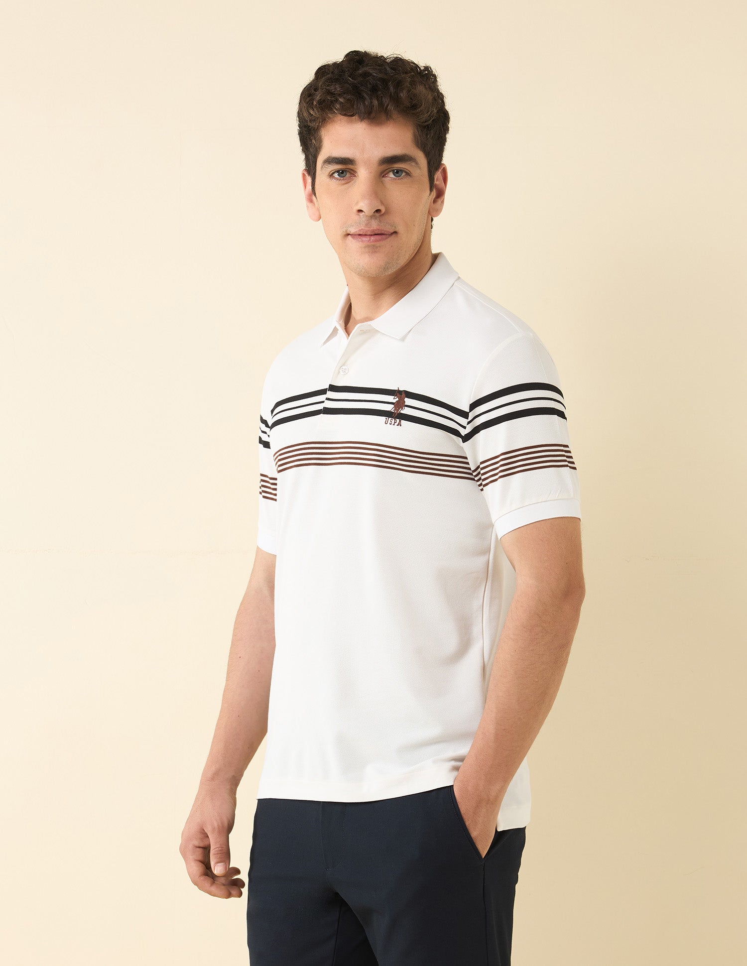 Horizontal Striped Modern Monochrome Polo Shirt White - U.S. Polo Assn. India | Large