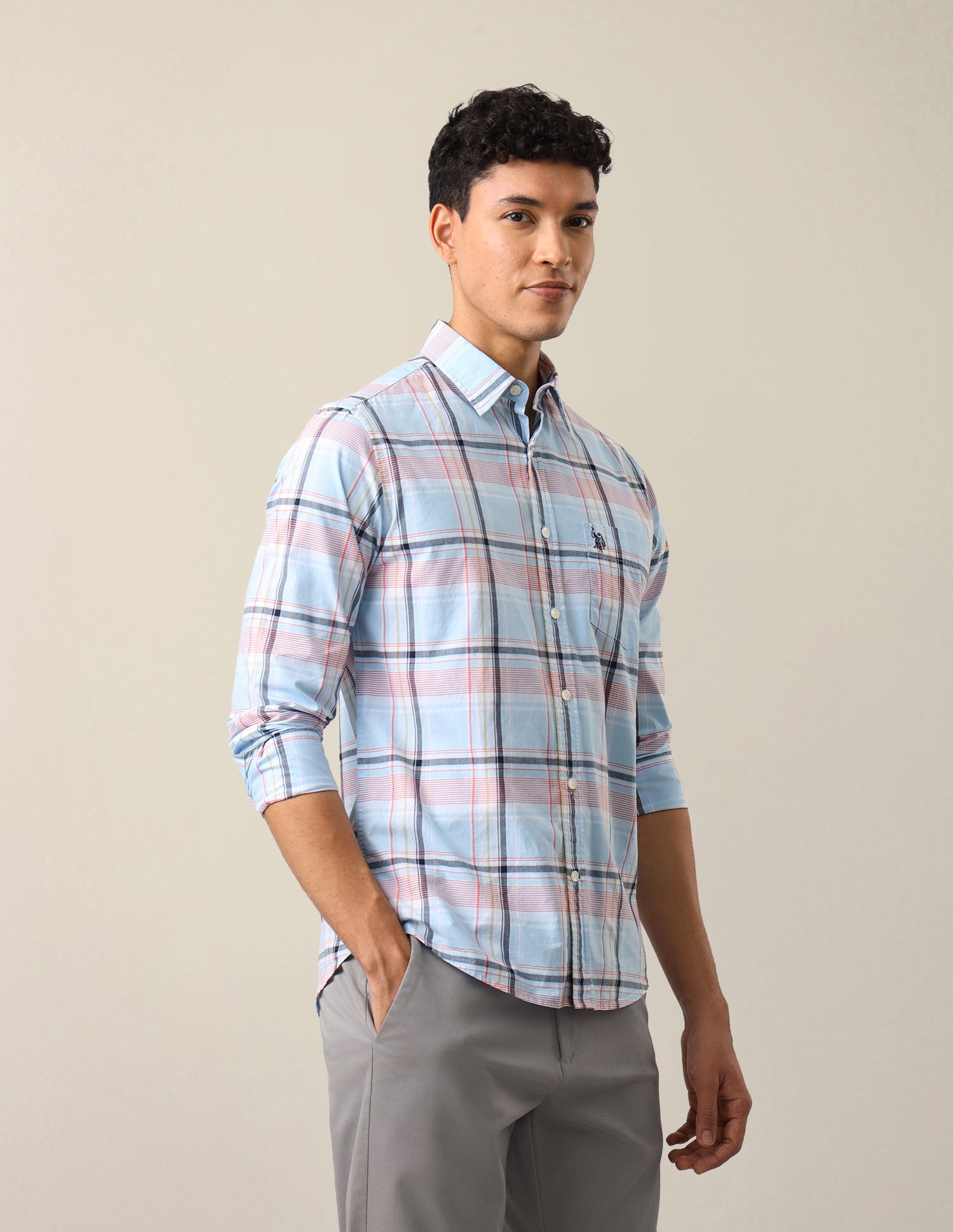 Plaid Checked Tailored Fit Shirt Light Blue - U.S. Polo Assn. India | Large