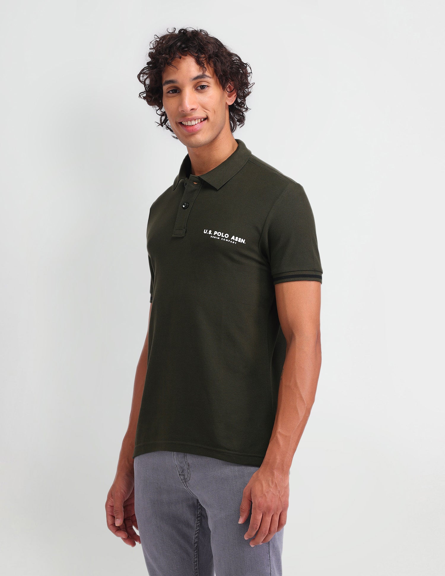 Solid Cotton Muscle Fit Polo Shirt Olive - U.S. Polo Assn. India | Large