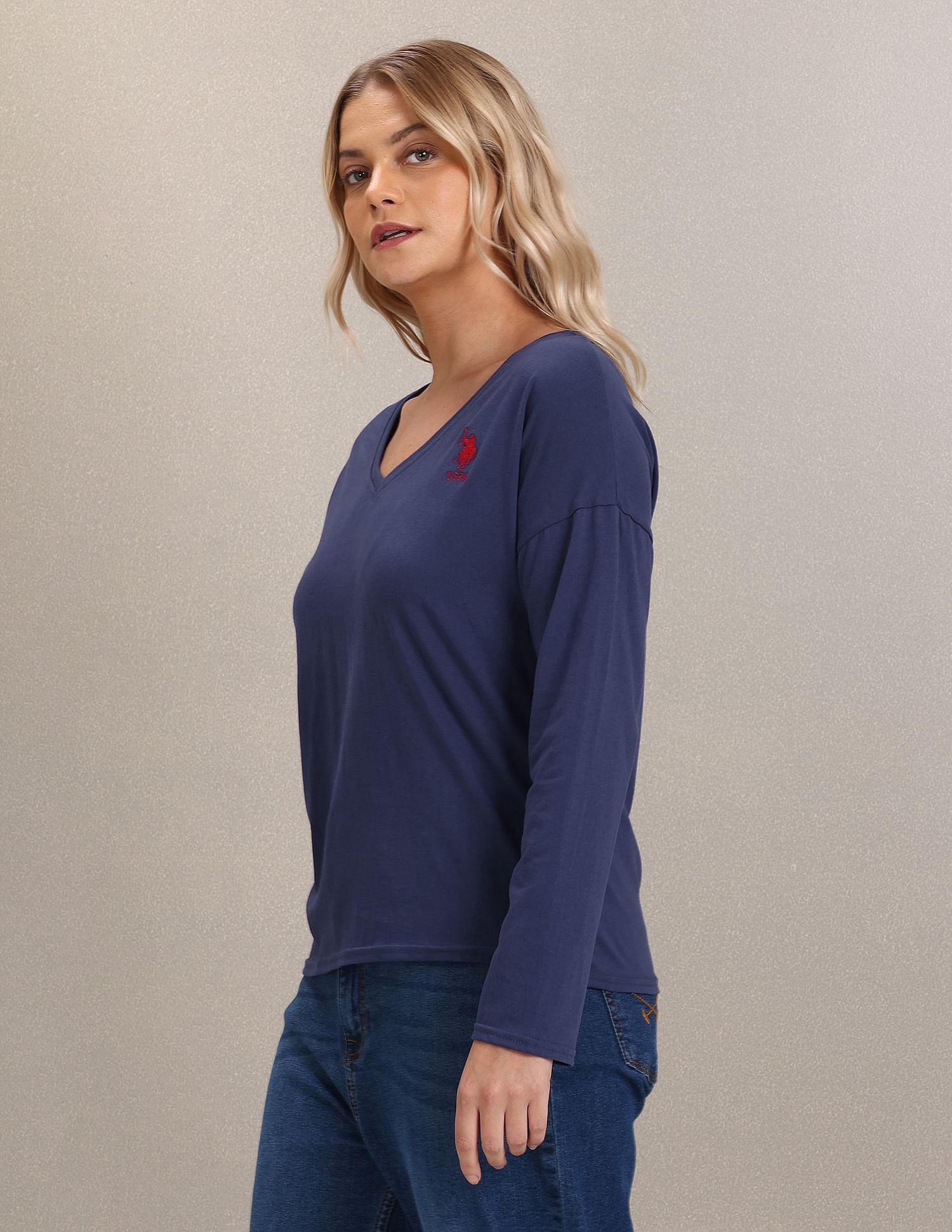 V-Neck Long Sleeve Solid Top Blue - U.S. Polo Assn. India | Large