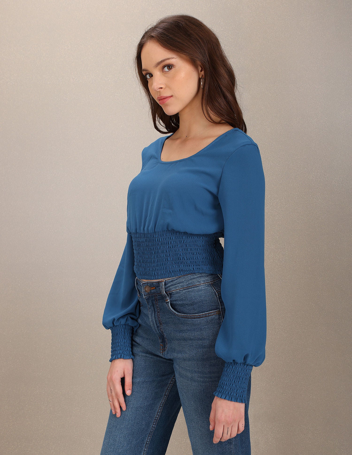 Smocked Detail Cropped Top Blue - U.S. Polo Assn. India | Large