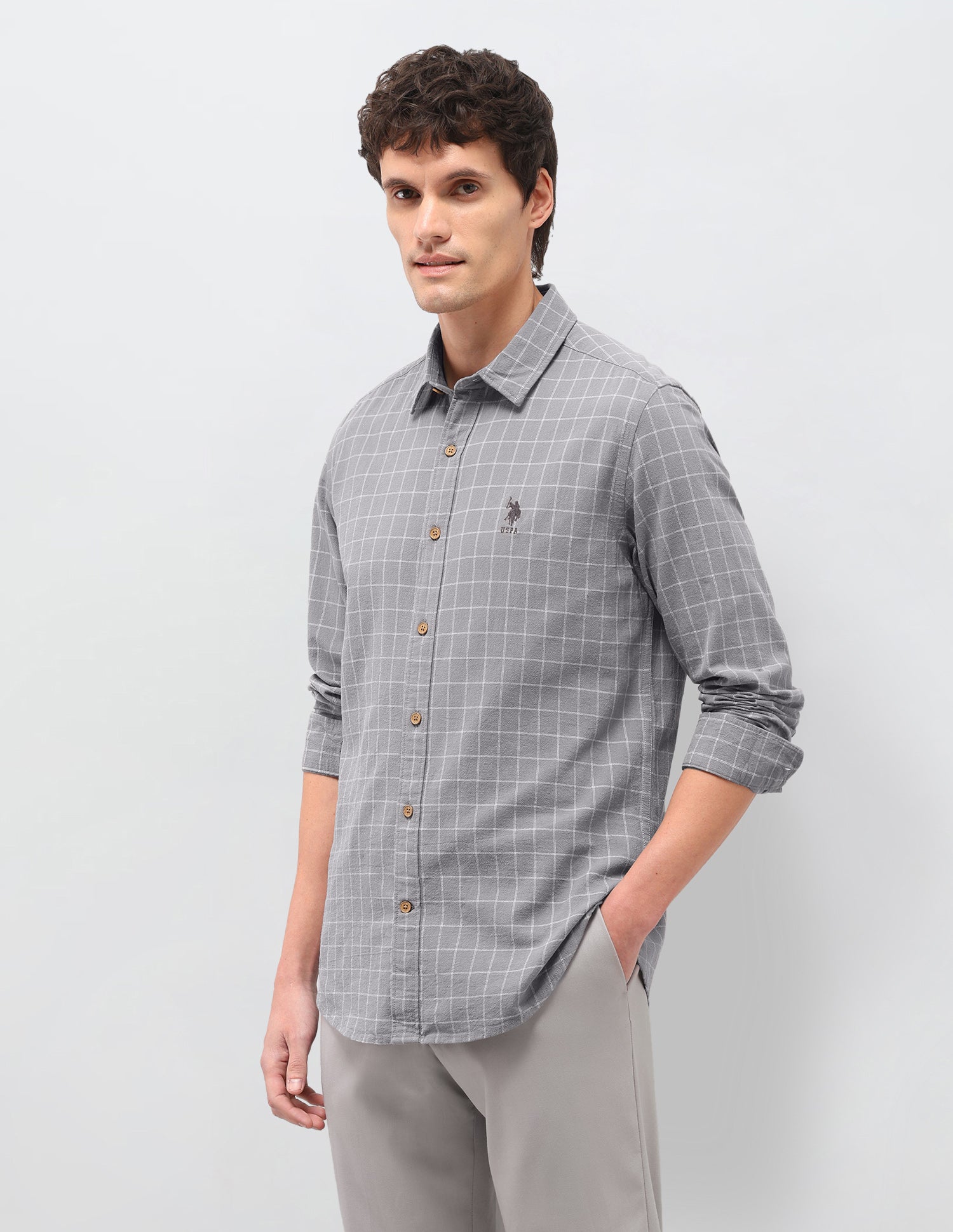 Windowpane Checked Regular Fit Shirt Grey - U.S. Polo Assn. India | Large