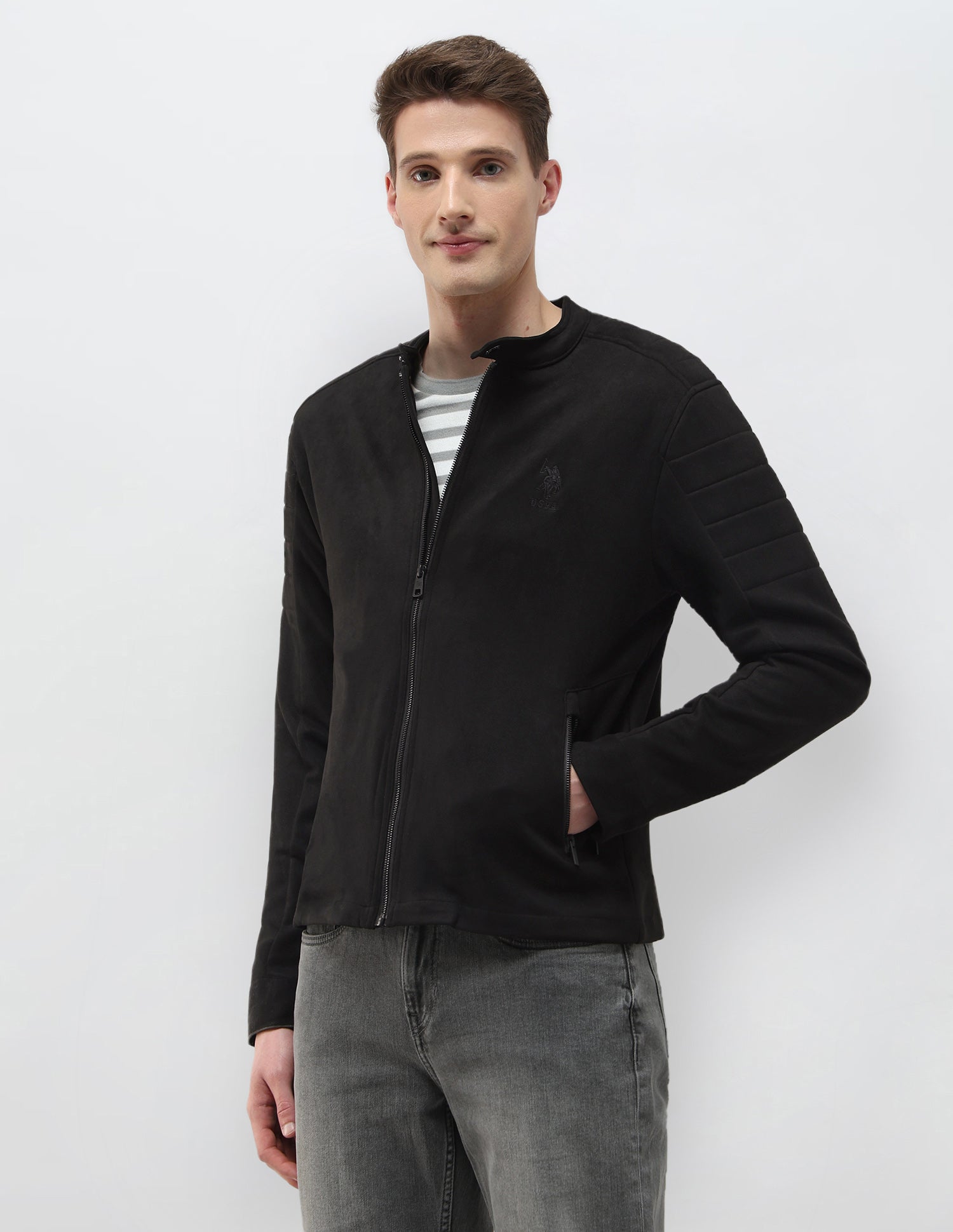 Solid Regular Fit Biker Jacket Black - U.S. Polo Assn. India | Large