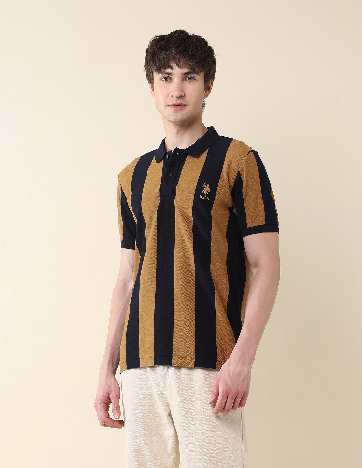 Vertical Striped Pure Cotton Gold Cup Polo Shirt Brown - U.S. Polo Assn. India | Large