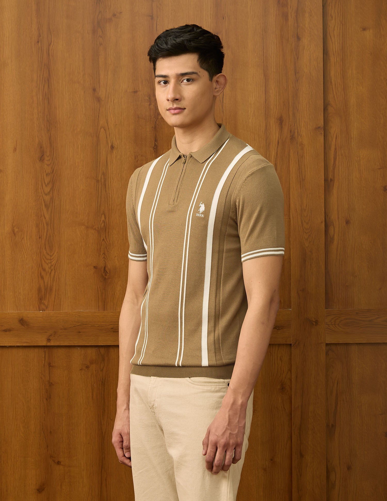 Pure Cotton Varsity Polo Shirt Light Brown - U.S. POLO ASSN. | Large