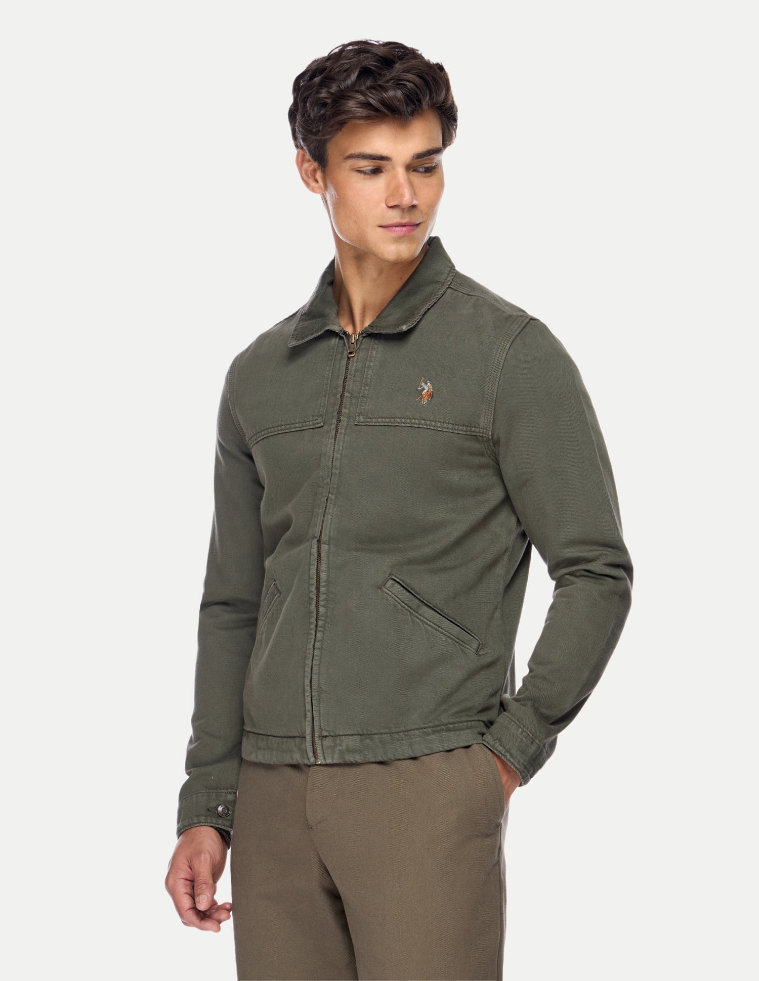 Solid Regular Fit Trucker Jacket Olive - U.S. Polo Assn. India | Large