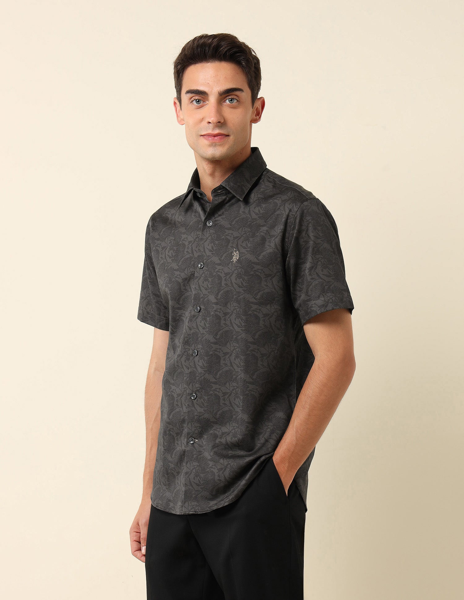 Floral Printed Pure Cotton Shirt Charcoal Grey - U.S. POLO ASSN. | Large