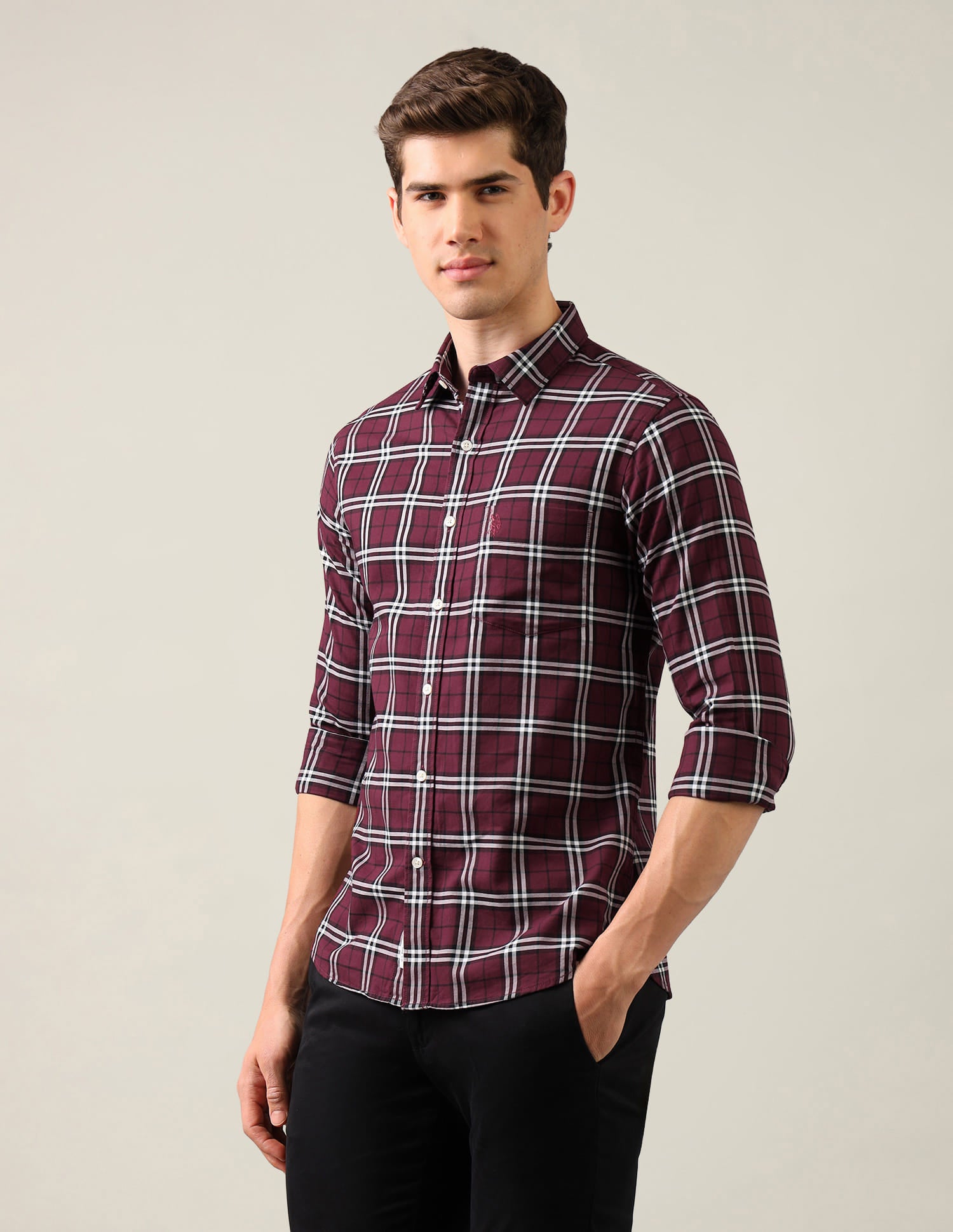 Grid Tattersall Checked Tailored Fit Shirt Red - U.S. Polo Assn. India | Large