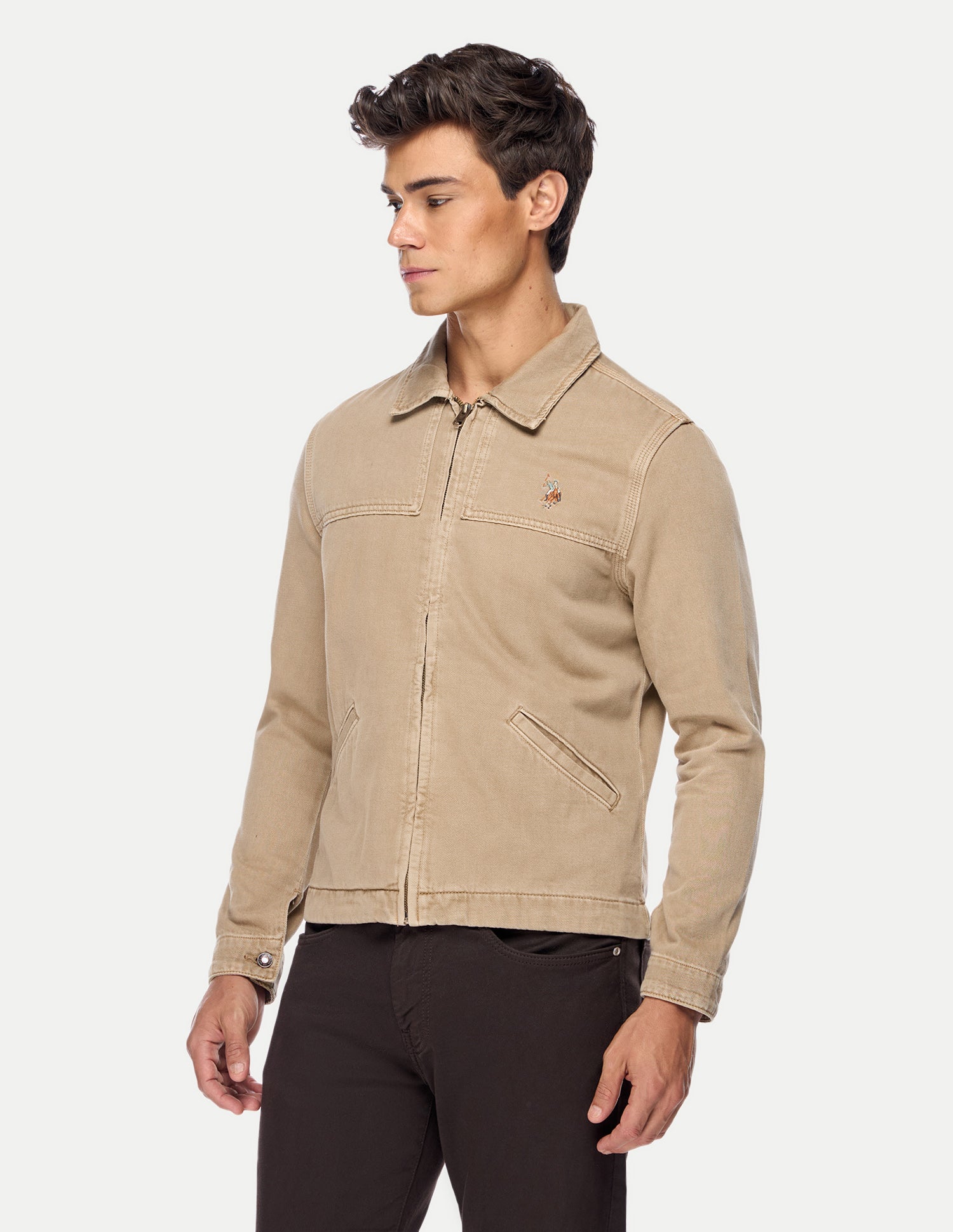 Solid Regular Fit Trucker Jacket Khaki - U.S. Polo Assn. India | Large