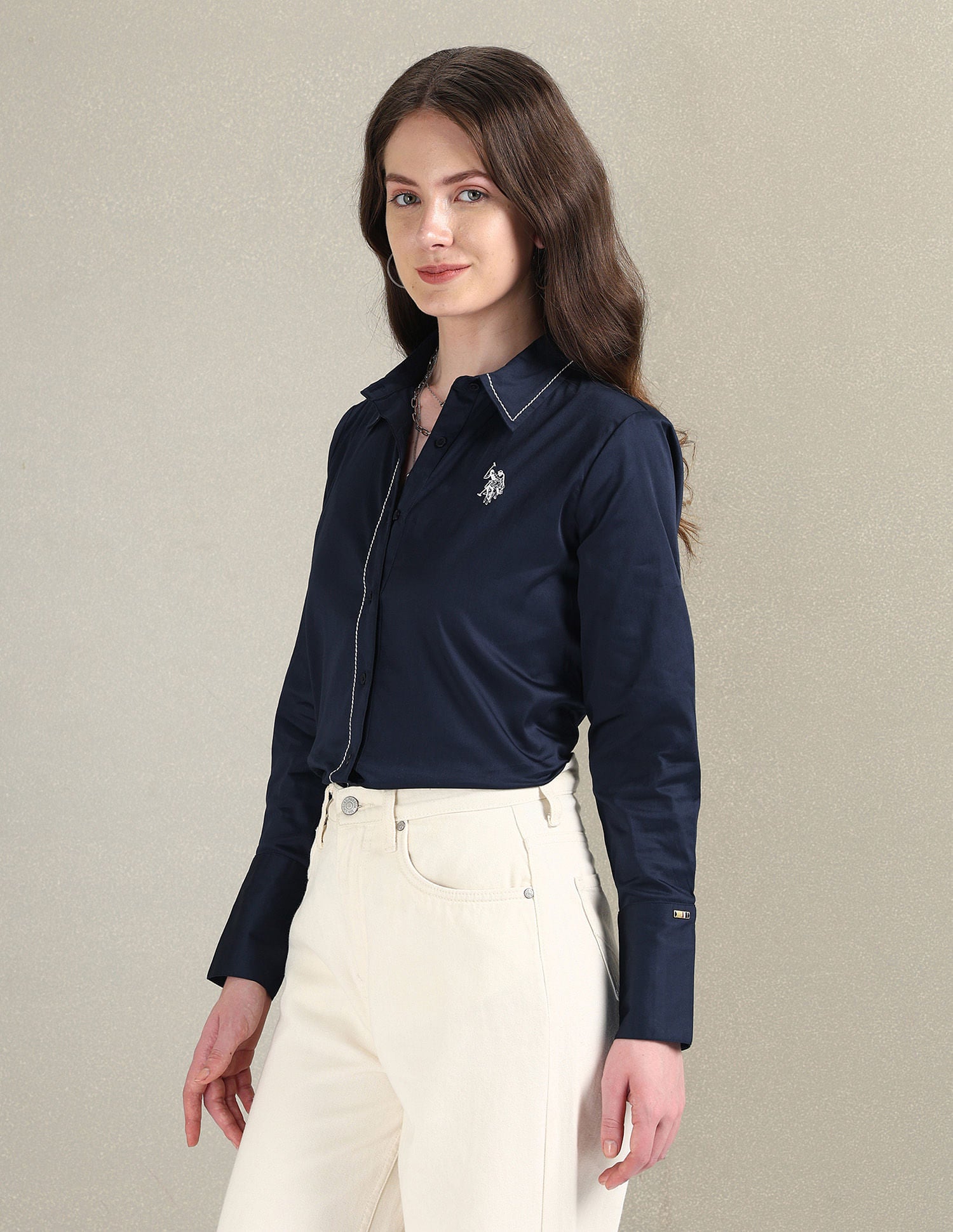 Contrast Saddle Stitch Cotton Shirt Navy - U.S. POLO ASSN. | Large