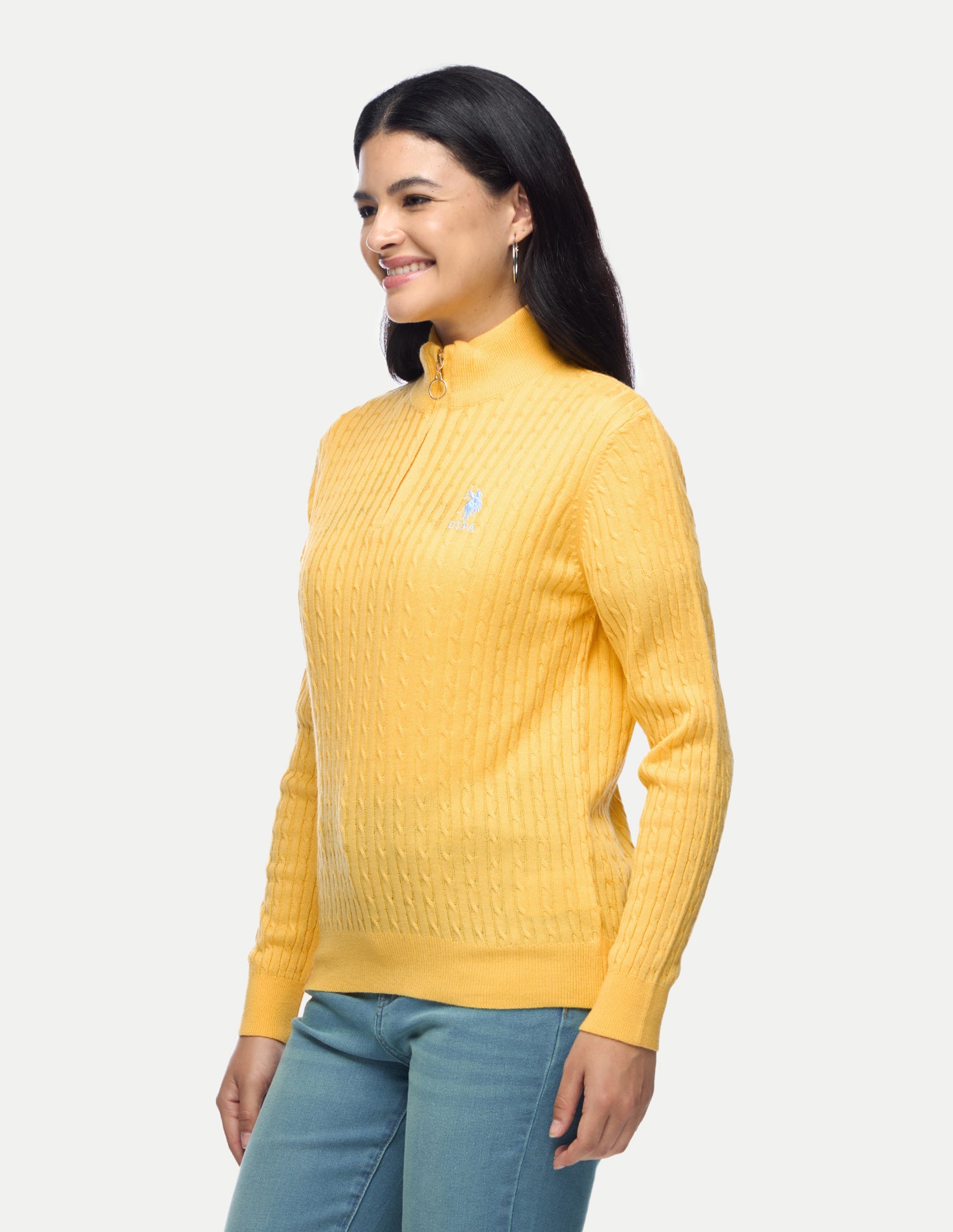Cable Patterned Knit Regular Fit Sweater Yellow - U.S. Polo Assn. India | Large