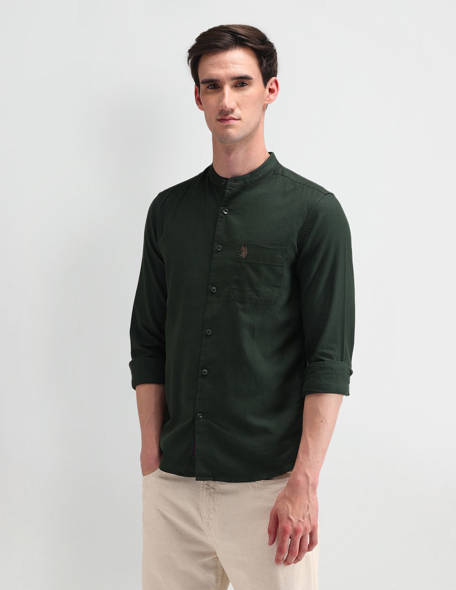 Slim Fit Solid Shirt Olive - U.S. Polo Assn. India | Large