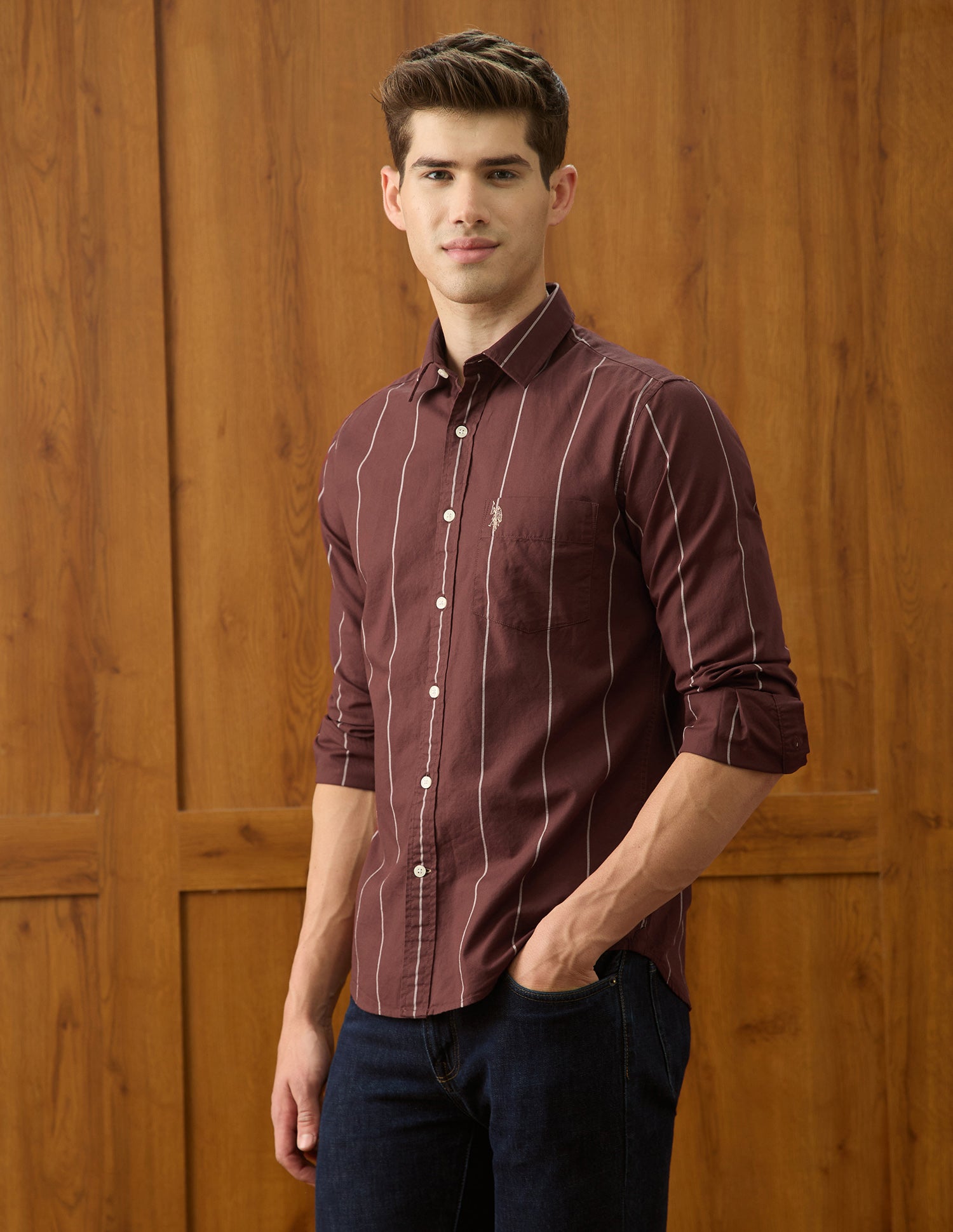 Oxford Vertical Striped Shirt Maroon - U.S. Polo Assn. India | Large