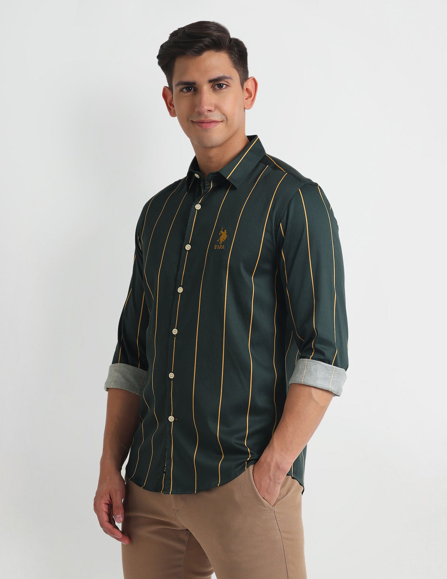 Vertical Stripe Slim Shirt Green - U.S. Polo Assn. India | Large