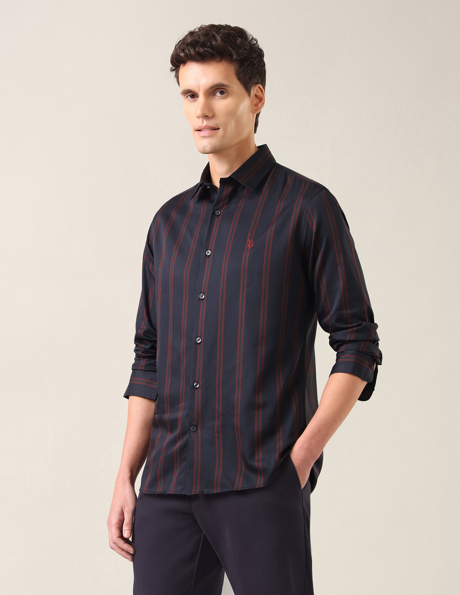 Vertical Striped Satin Shirt Navy - U.S. Polo Assn. India | Large