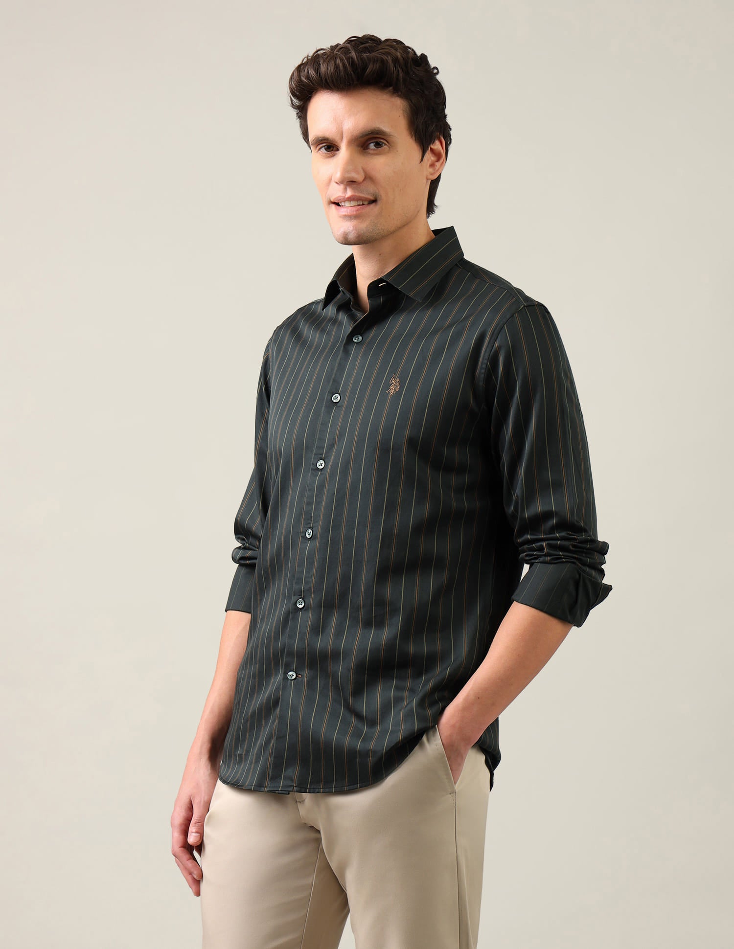 Vertical Striped Satin Shirt Green - U.S. Polo Assn. India | Large