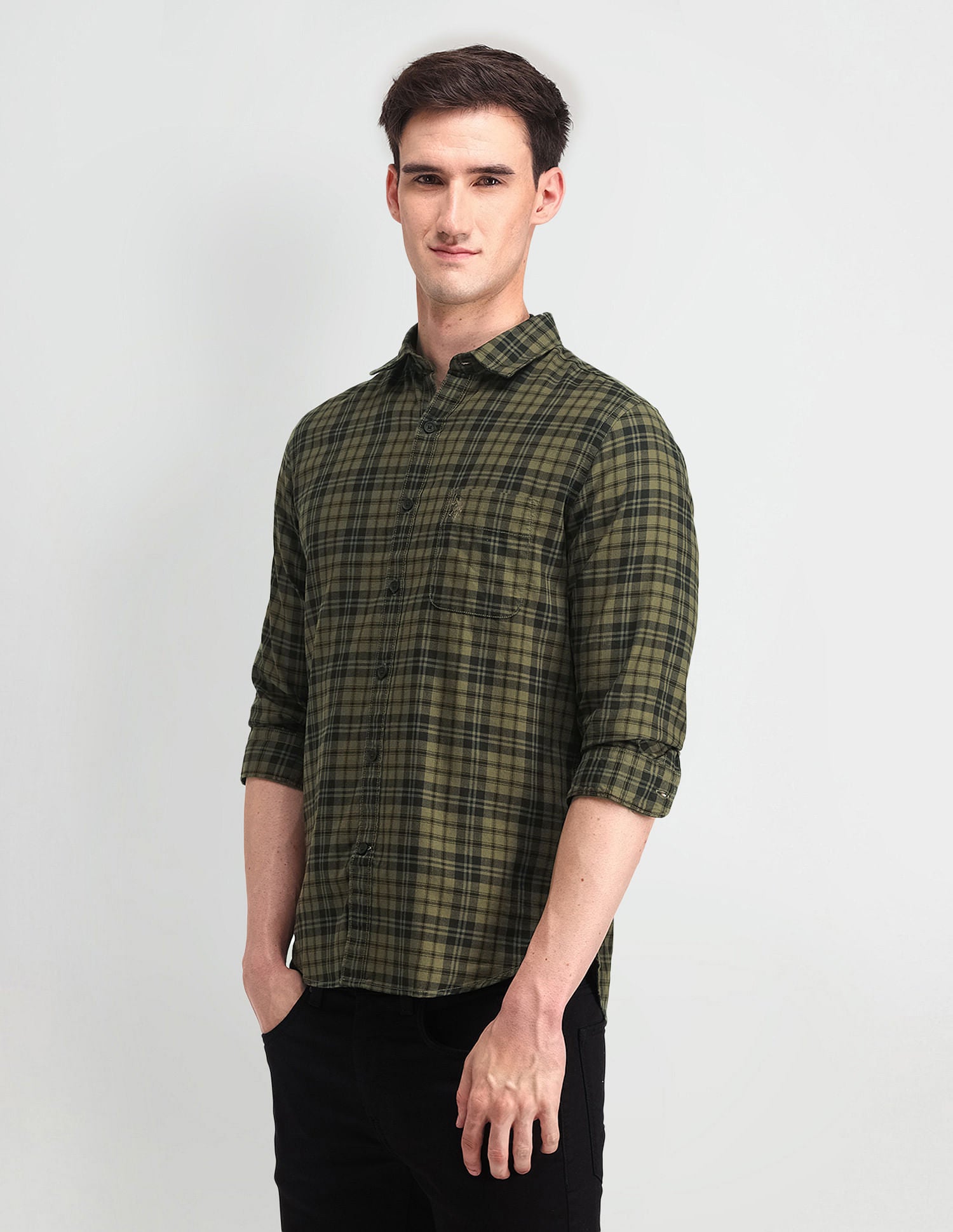 Slim Fit Herringbone Shirt Olive - U.S. Polo Assn. India | Large