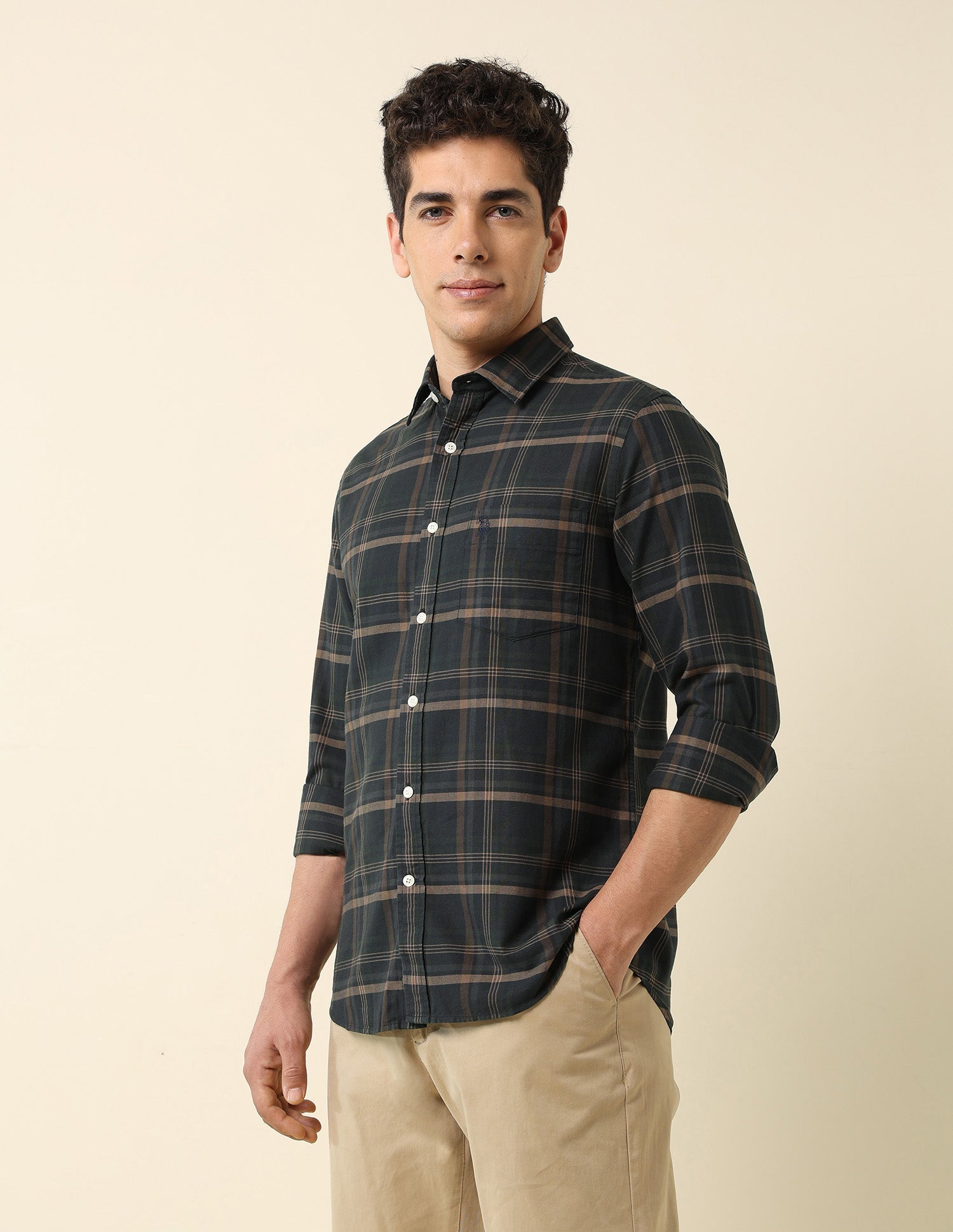 Grid Tattersall Checked Tailored Fit Shirt Ivory - U.S. POLO ASSN. | Large