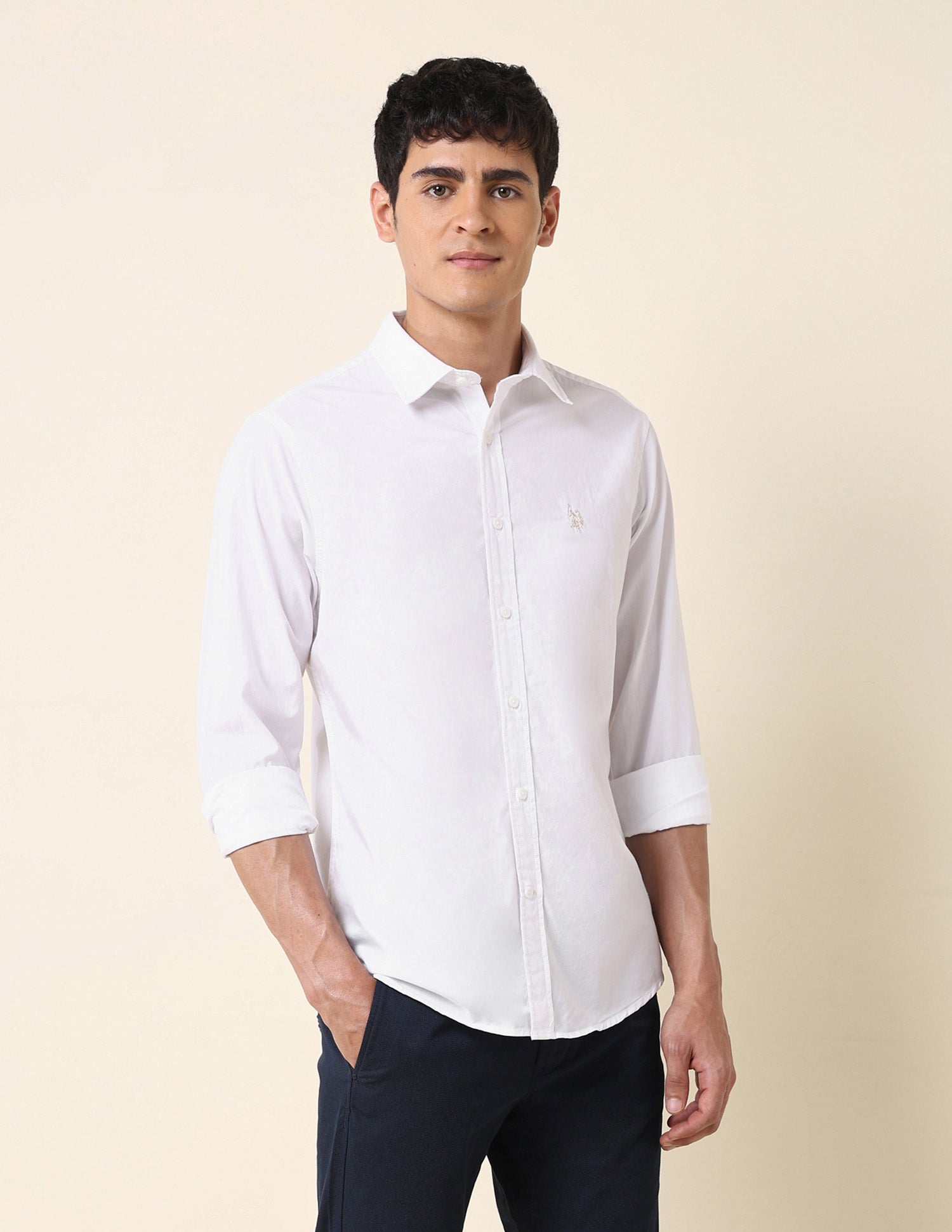 Pure Cotton Tailored Fit Solid Shirt White - U.S. Polo Assn. India | Large