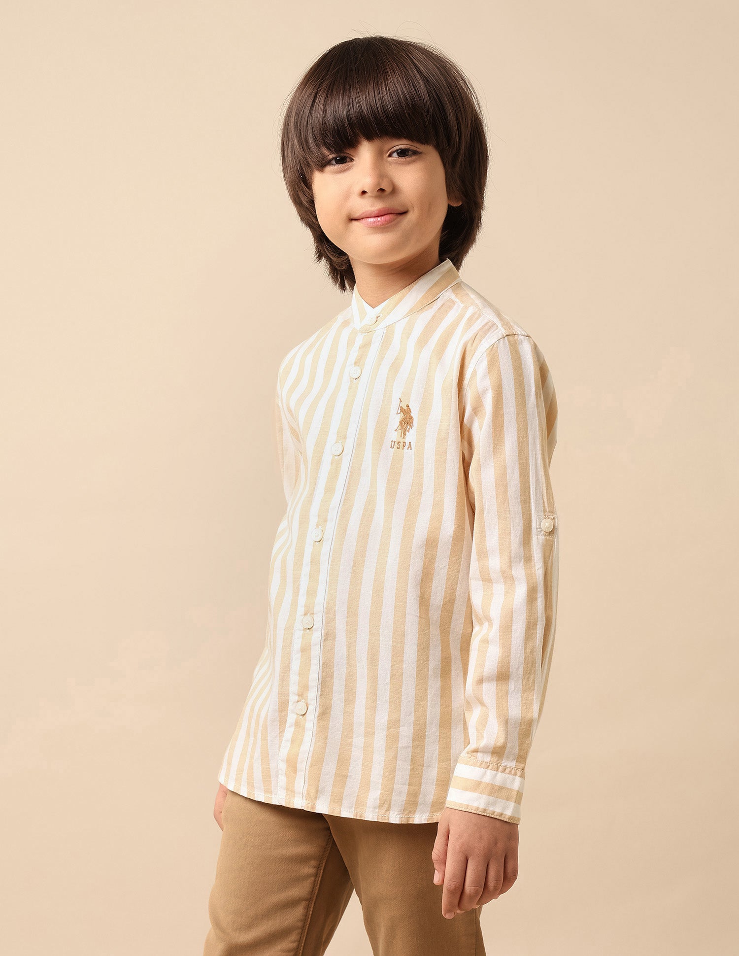 Boys Vertical Striped Mandarin Shirt Beige - U.S. POLO ASSN. | Large