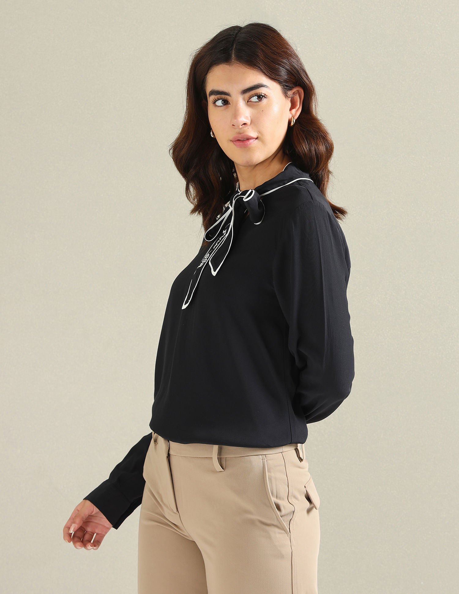 Bow Collar Long Sleeve Top Black - U.S. POLO ASSN. | Large