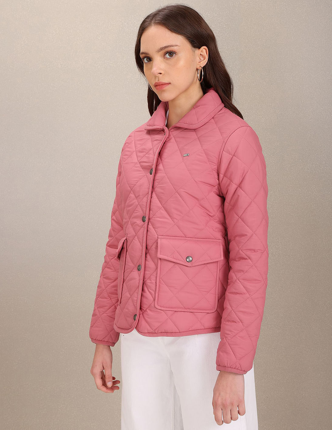 Snap Button Closure Solid Padded Jacket Pink - U.S. Polo Assn. India | Large