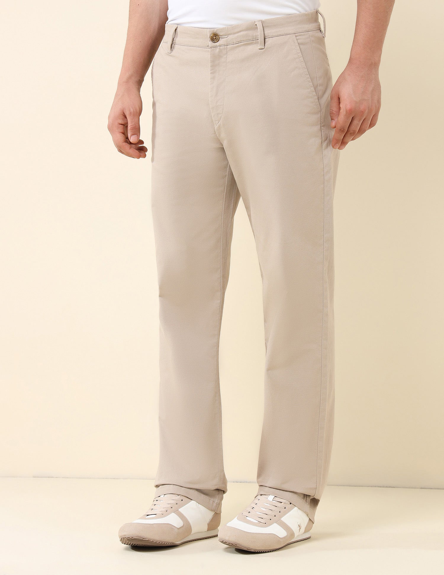 Riley Straight Fit Satin Print Trousers Beige - U.S. Polo Assn. India | Large
