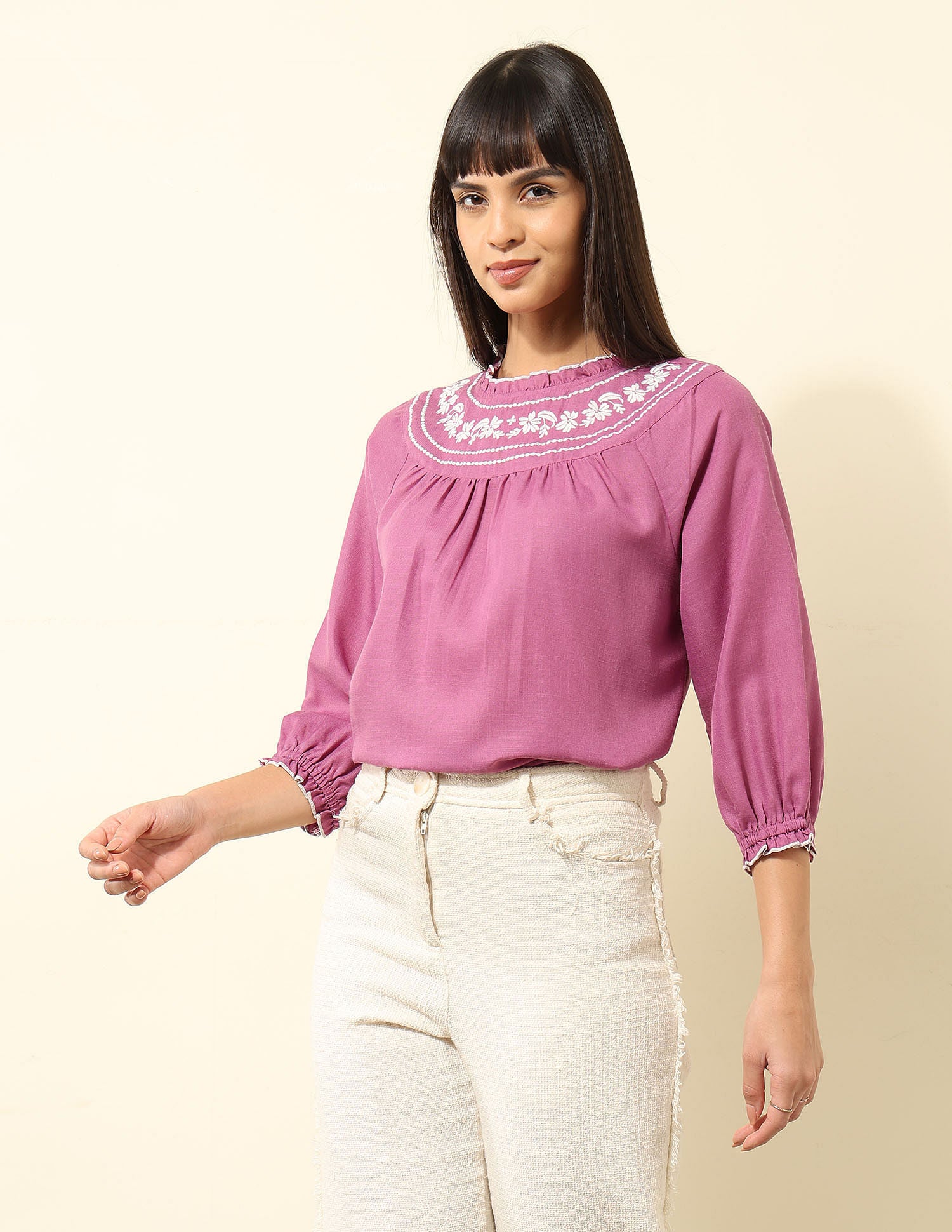 Yoke Embroidered Frill Top Pink - U.S. POLO ASSN. | Large