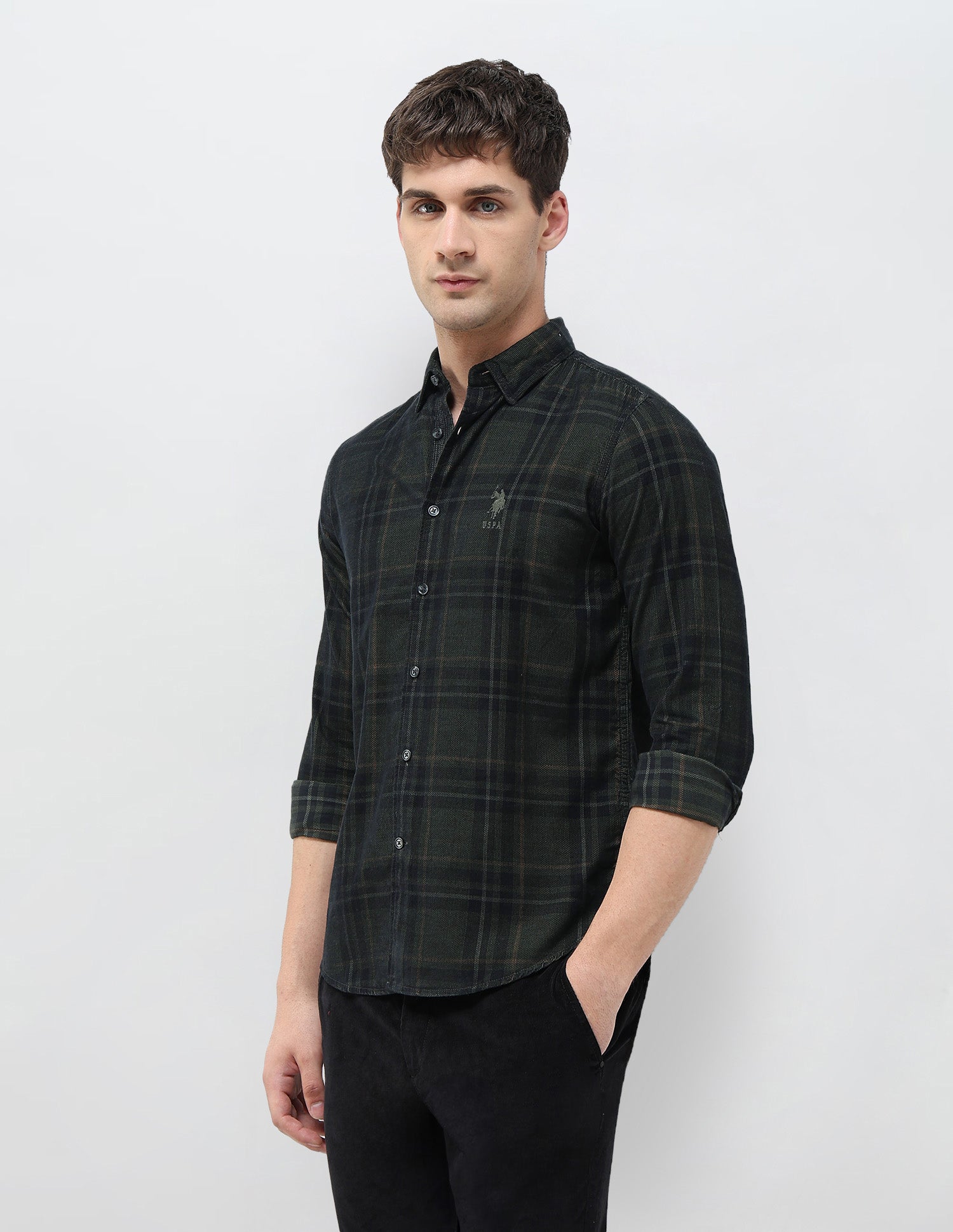 Tartan Checked Corduroy Shirt Olive - U.S. POLO ASSN. | Large