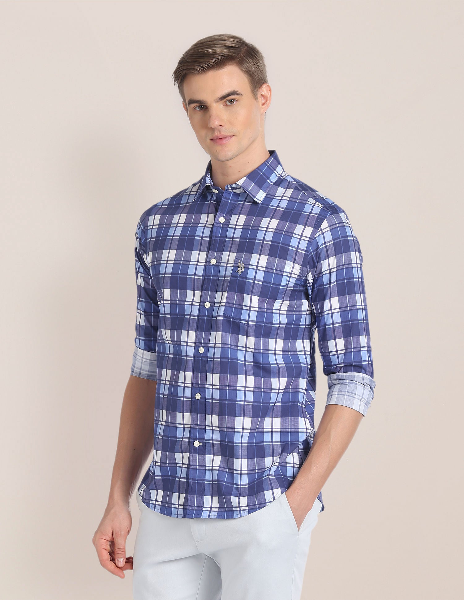 Tartan Check Tailored Fit Shirt Aqua and Light Green - U.S. Polo Assn. India | Large