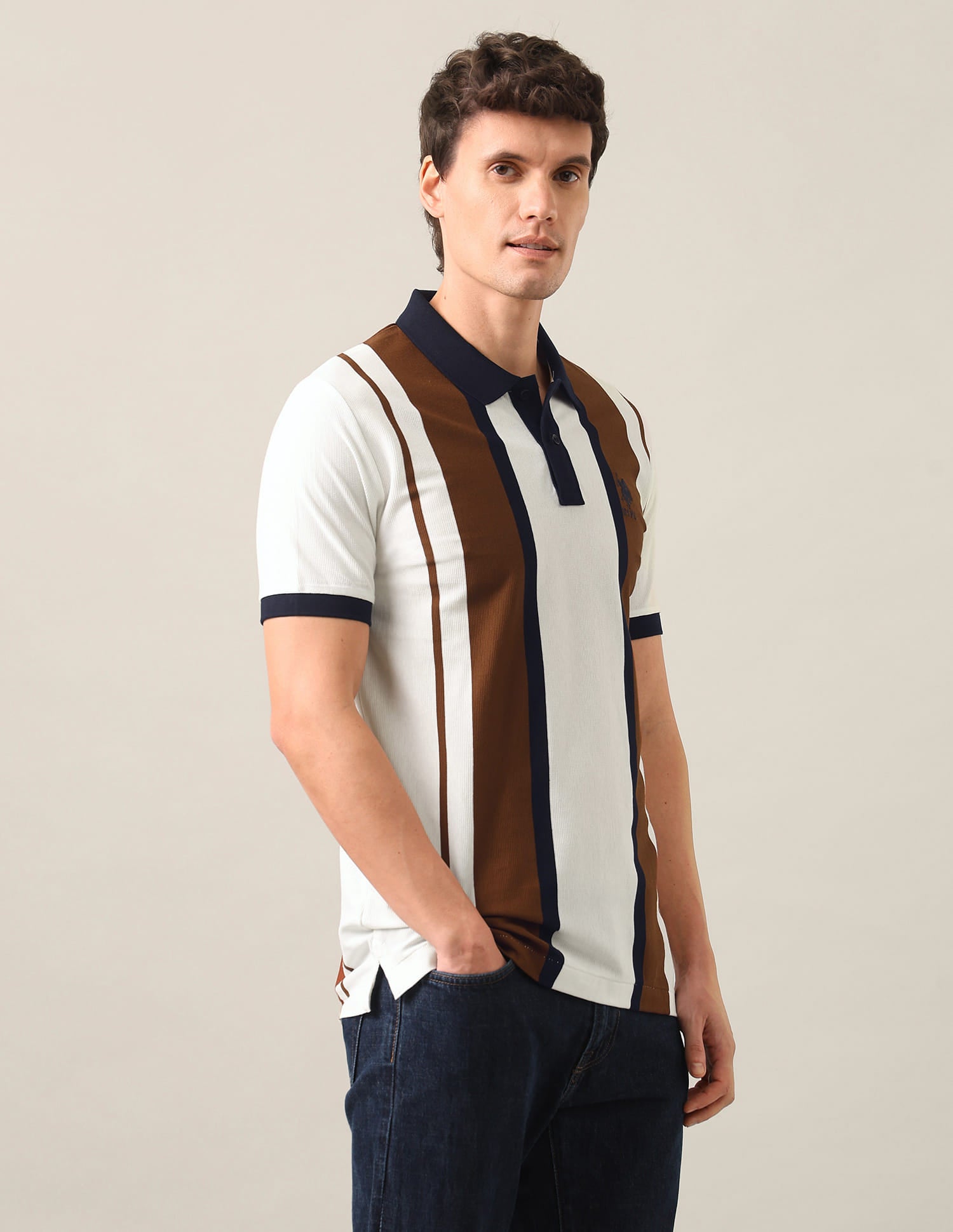 Vertical Striped Slim Fit Polo Shirt Brown - U.S. Polo Assn. India | Large