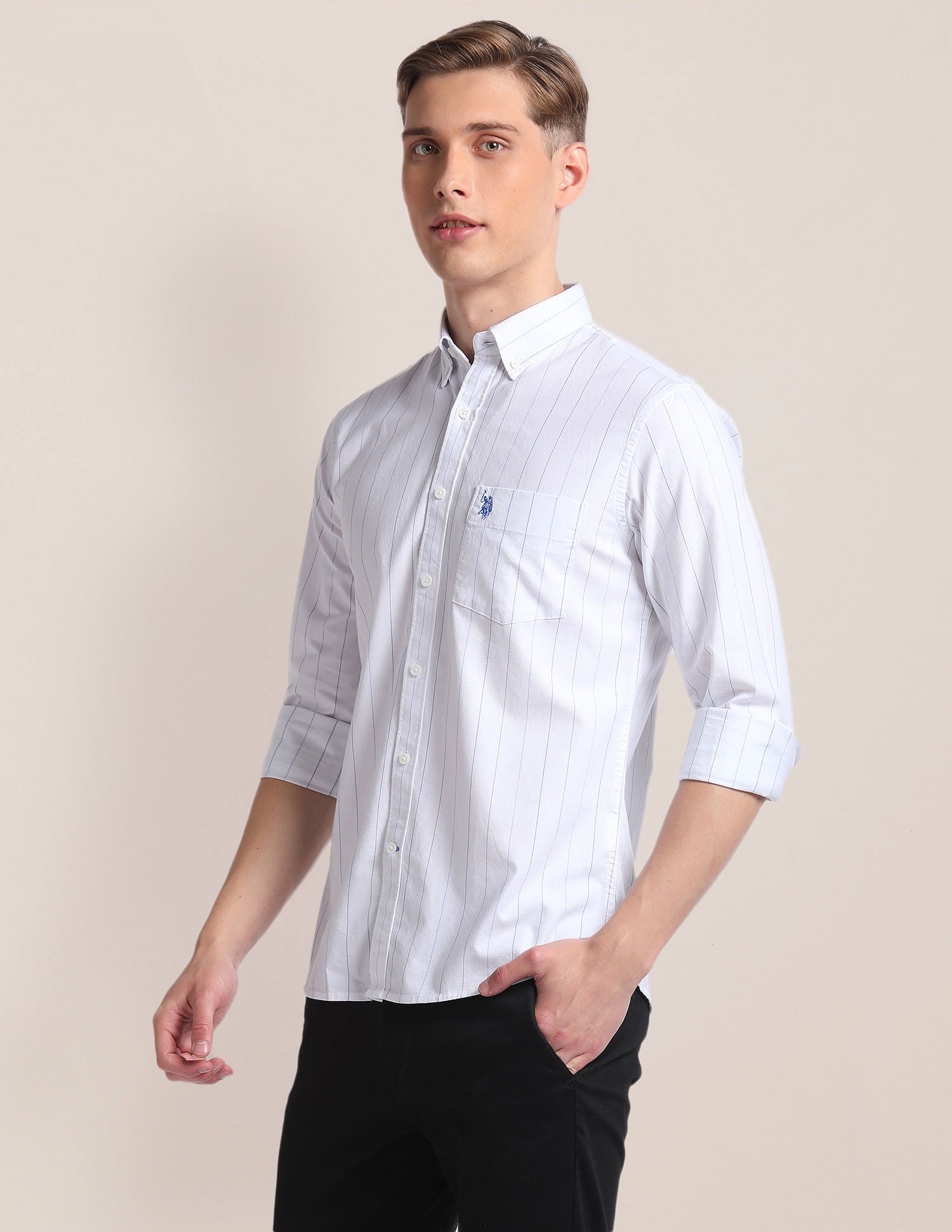 Cotton Stretch Vertical Stripe Shirt White - U.S. Polo Assn. India | Large