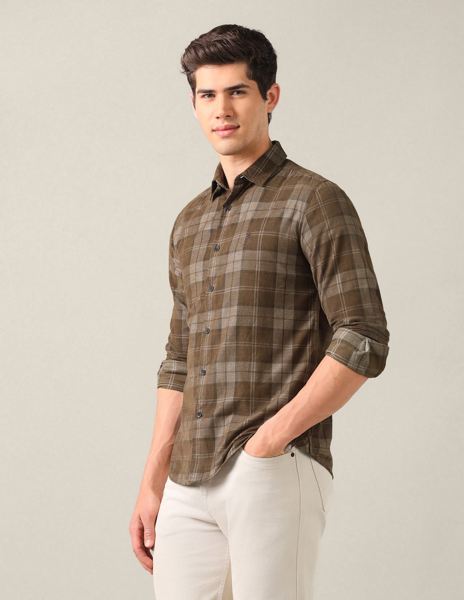 Grid Tattersall Checked Corduroy Shirt Brown - U.S. Polo Assn. India | Large