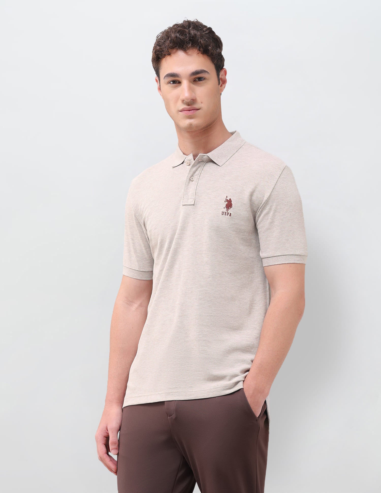 Solid Slim Fit Polo Shirt Beige - U.S. Polo Assn. India | Large