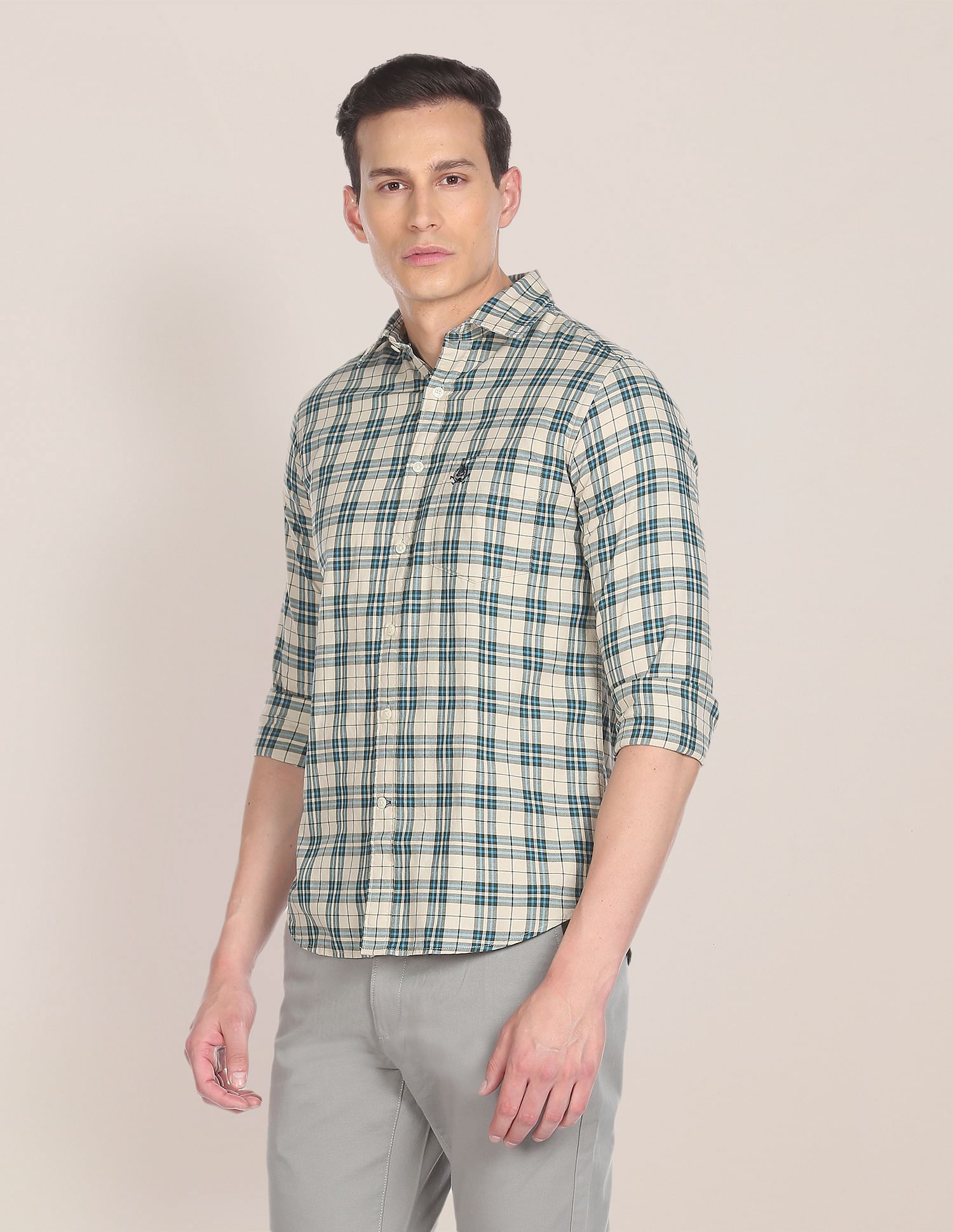 Men Beige Patch Pocket Check Casual Shirt Beige - U.S. POLO ASSN. | Large