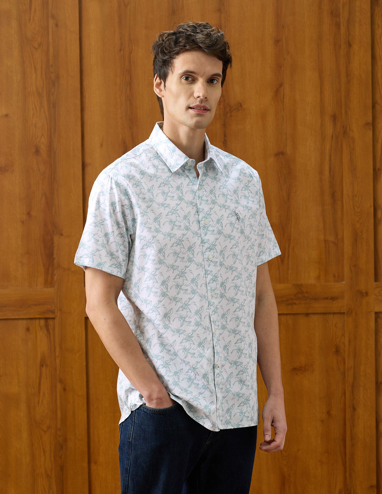 Floral Printed Regular Fit Shirt Medium Green - U.S. Polo Assn. India | Large