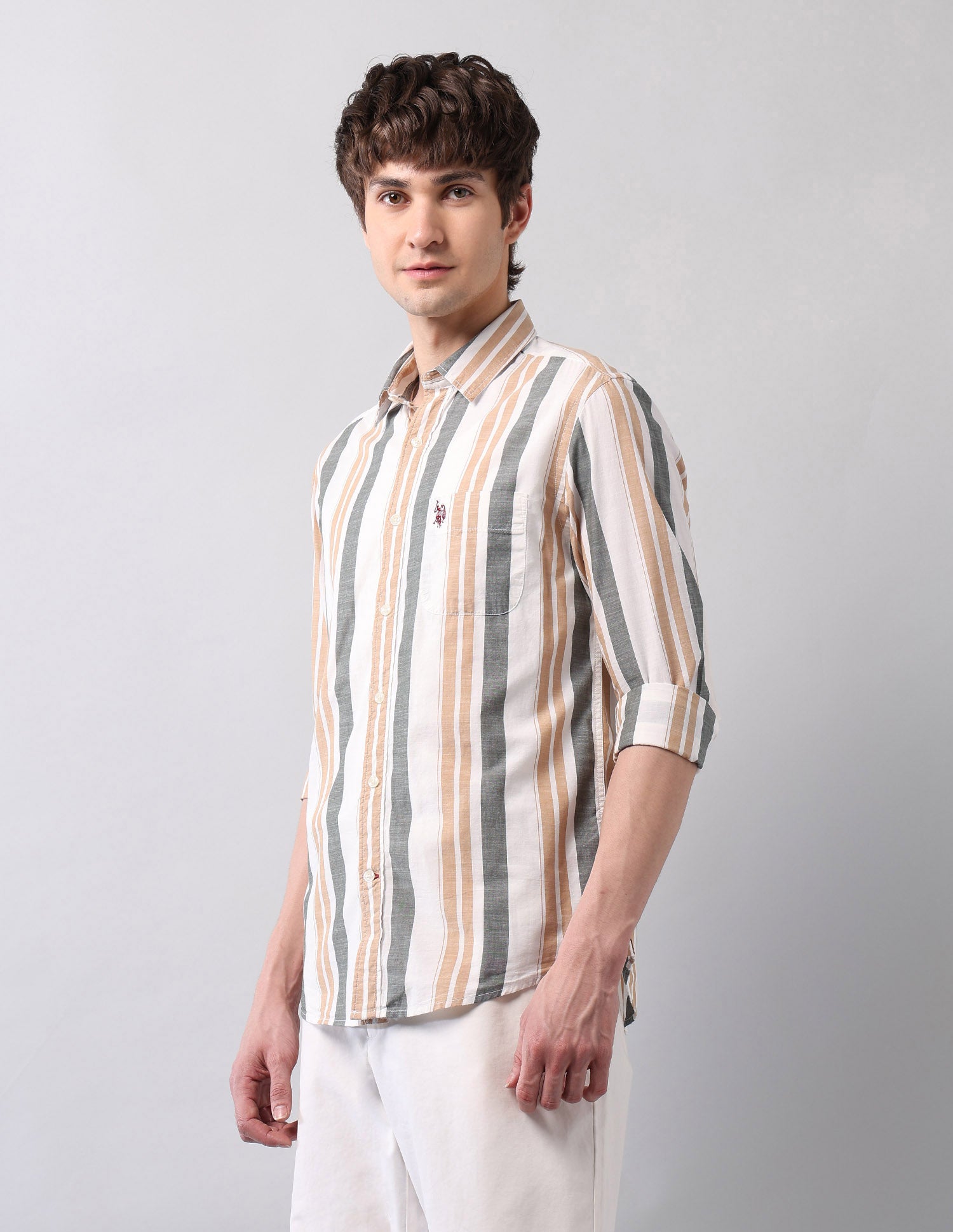 Vertical Striped Pure Cotton Shirt Ivory - U.S. Polo Assn. India | Large
