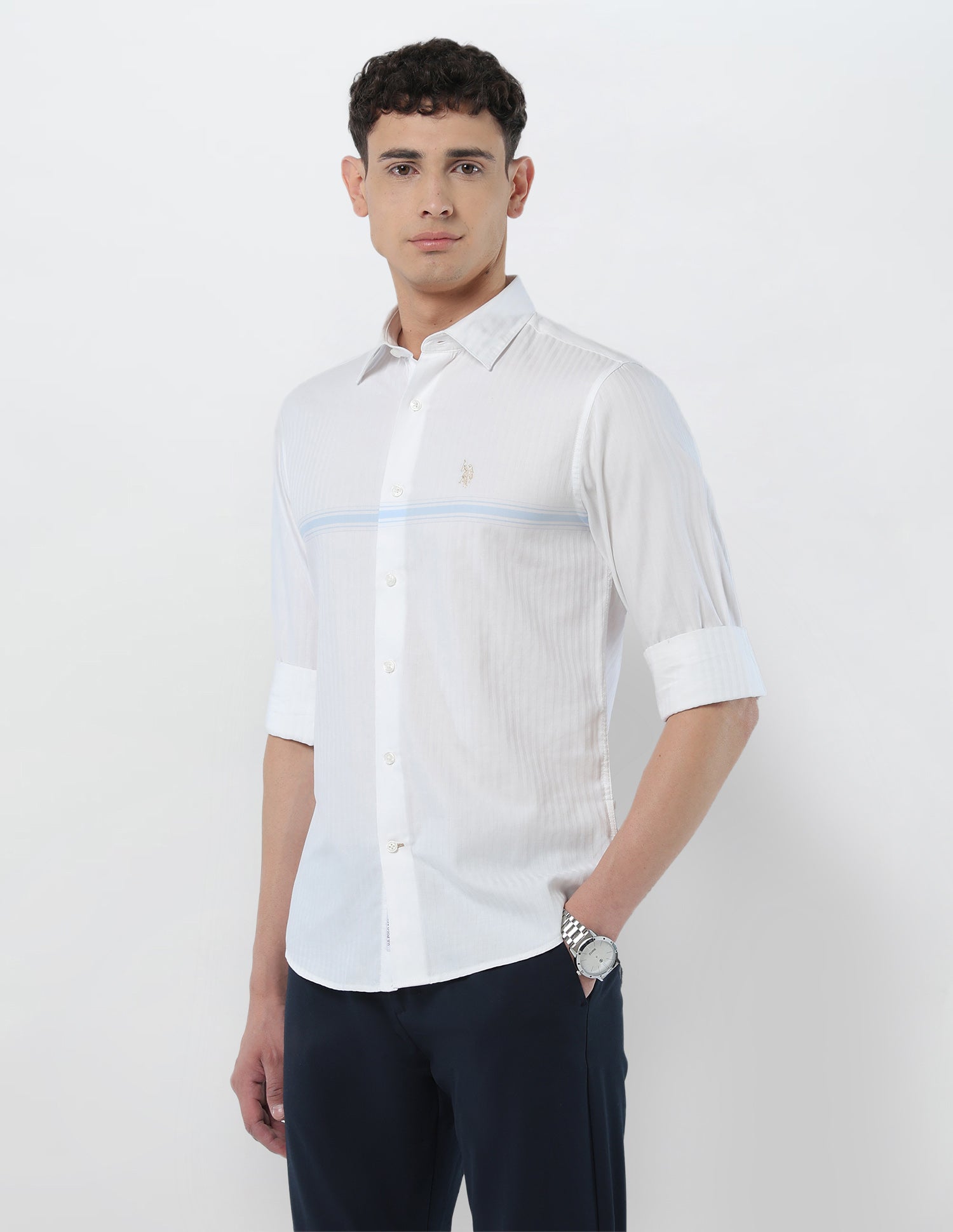 Self Design Vertical Striped Tailored Fit Shirt White - U.S. POLO ASSN. | Large