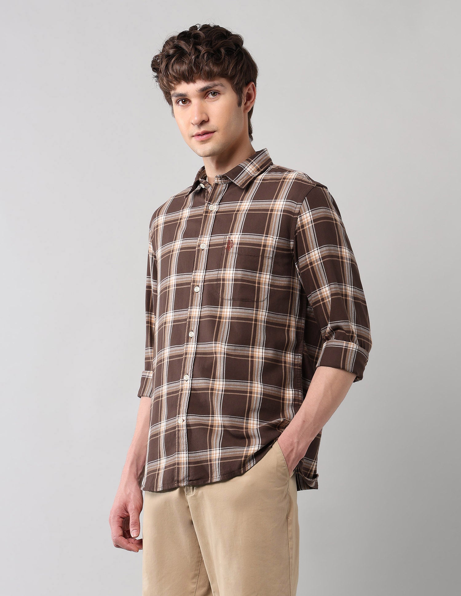 Grid Tattersall Checked Pure Cotton Shirt Brown - U.S. POLO ASSN. | Large
