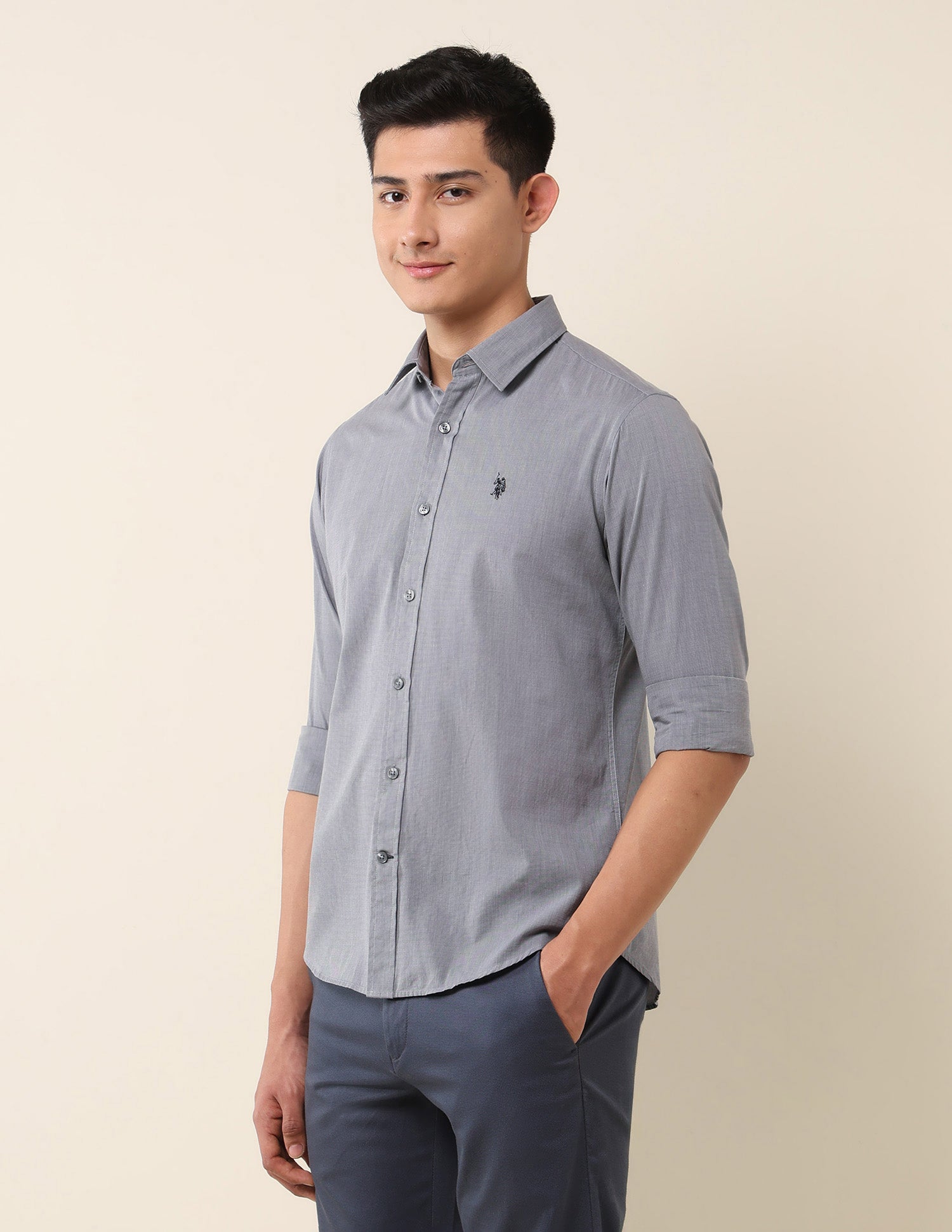 Tailored Fit Pure Cotton Shirt Grey - U.S. Polo Assn. India | Large