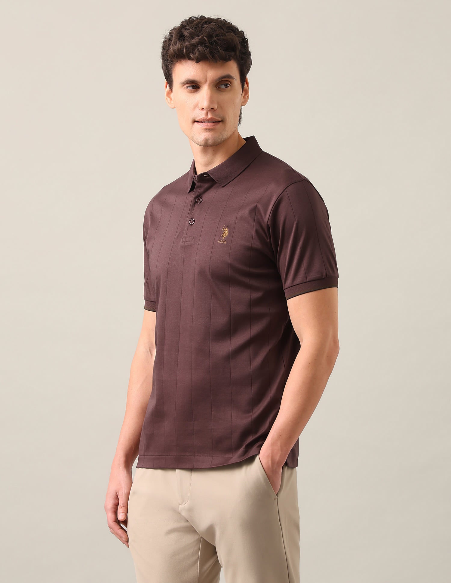 Self Design Vertical Striped Slim Fit Polo Shirt Brown - U.S. Polo Assn. India | Large