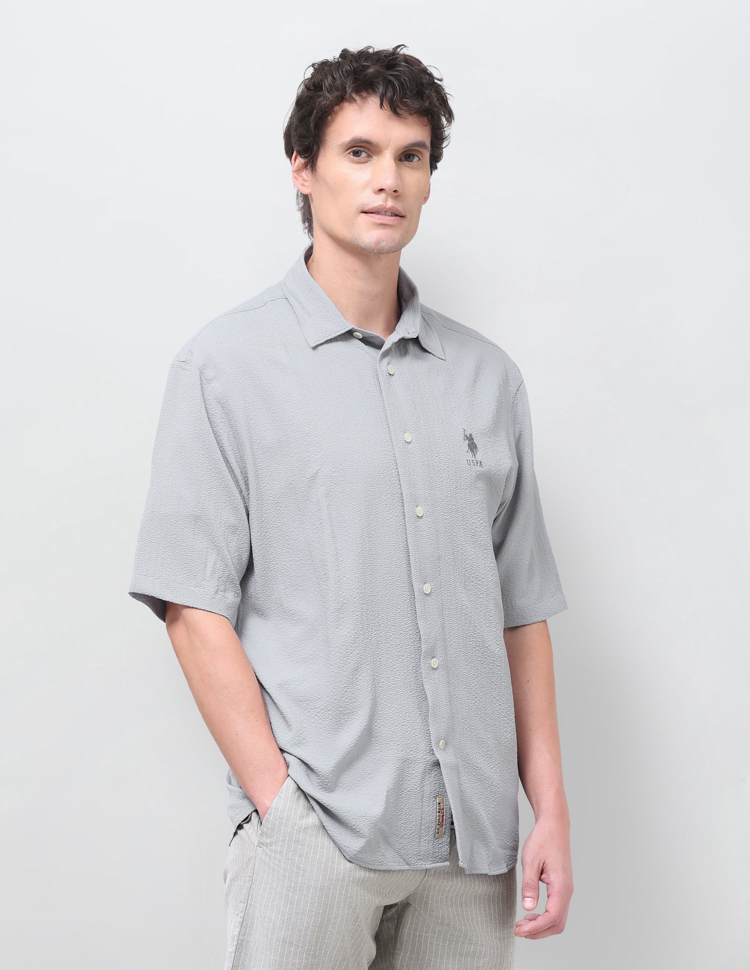 Solid Seersucker Shirt Light Grey - U.S. Polo Assn. India | Large