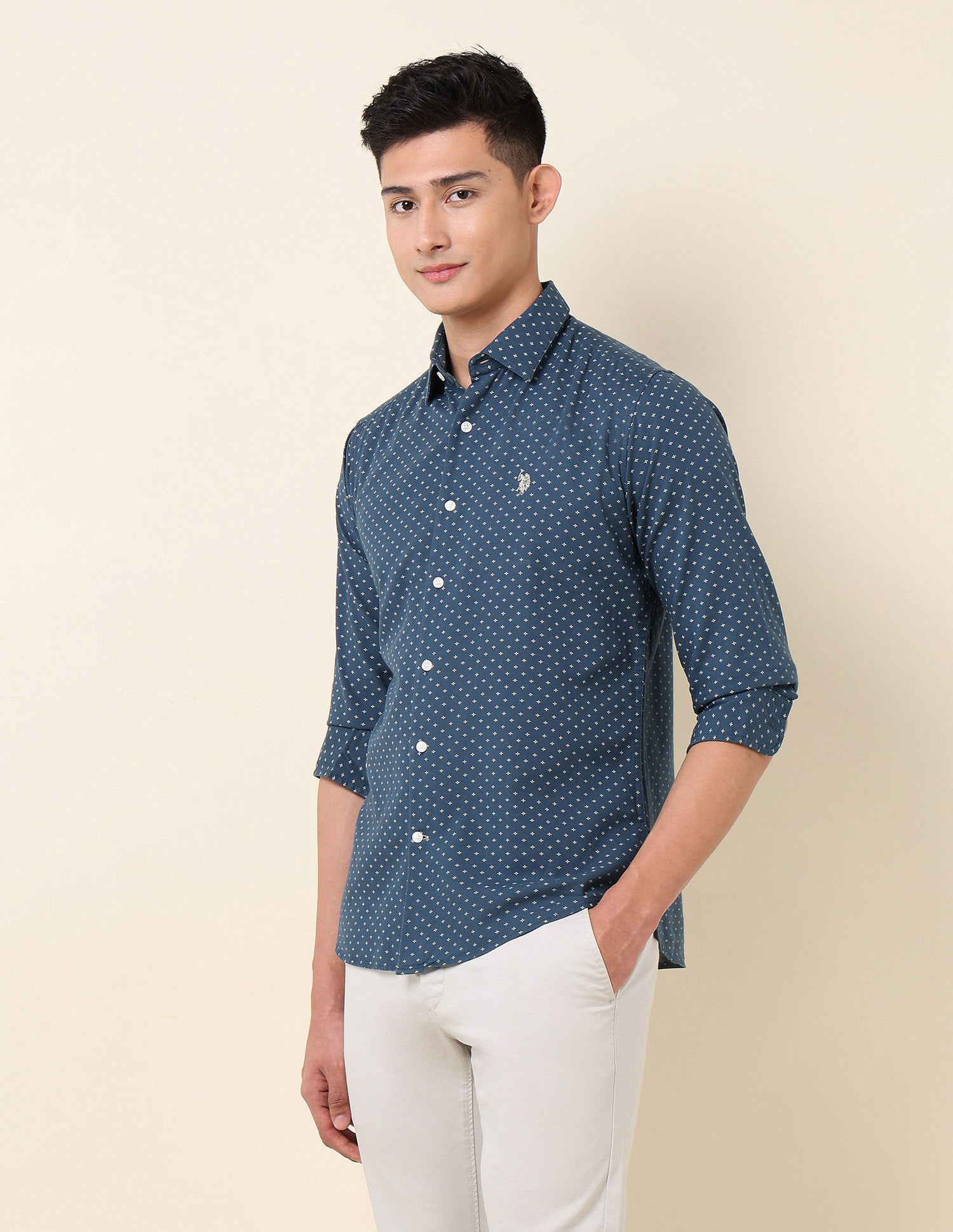 Pure Cotton Geometric Printed Shirt Teal - U.S. Polo Assn. India | Large