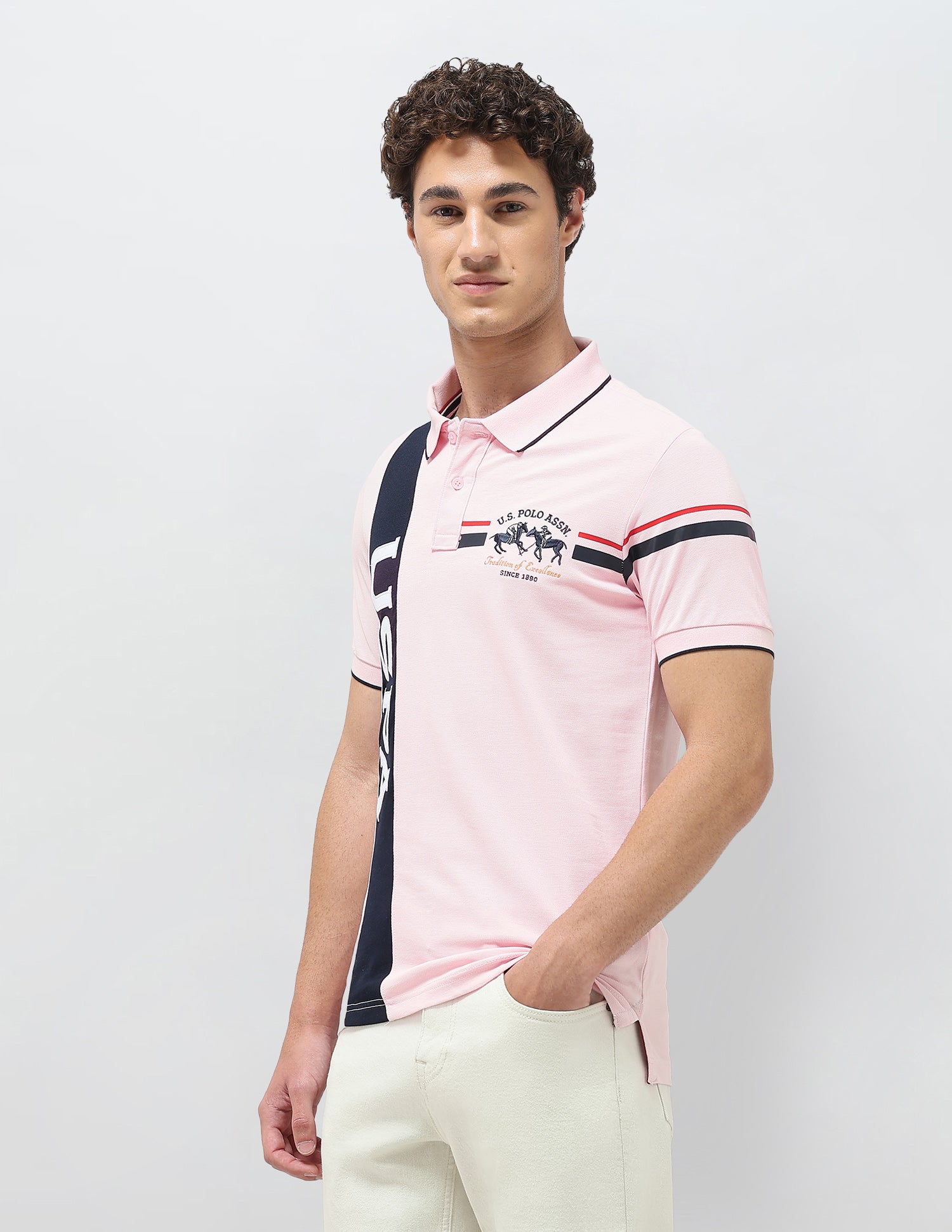 Colorblocked Brand Embroidered Slim Fit Polo Shirt Light Pink - U.S. Polo Assn. India | Large
