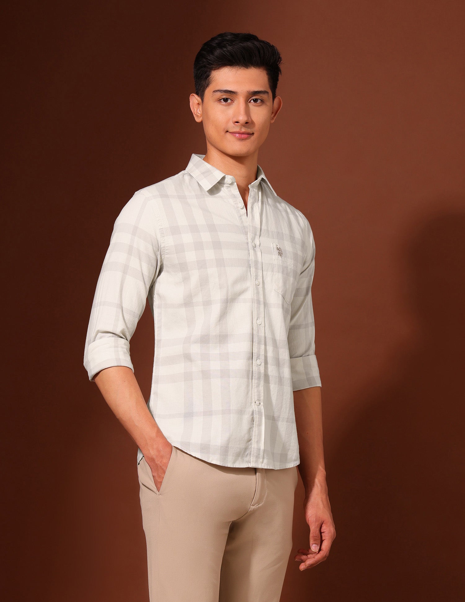 Grid Tattersall Checked Pure Cotton Shirt Khaki - U.S. Polo Assn. India | Large