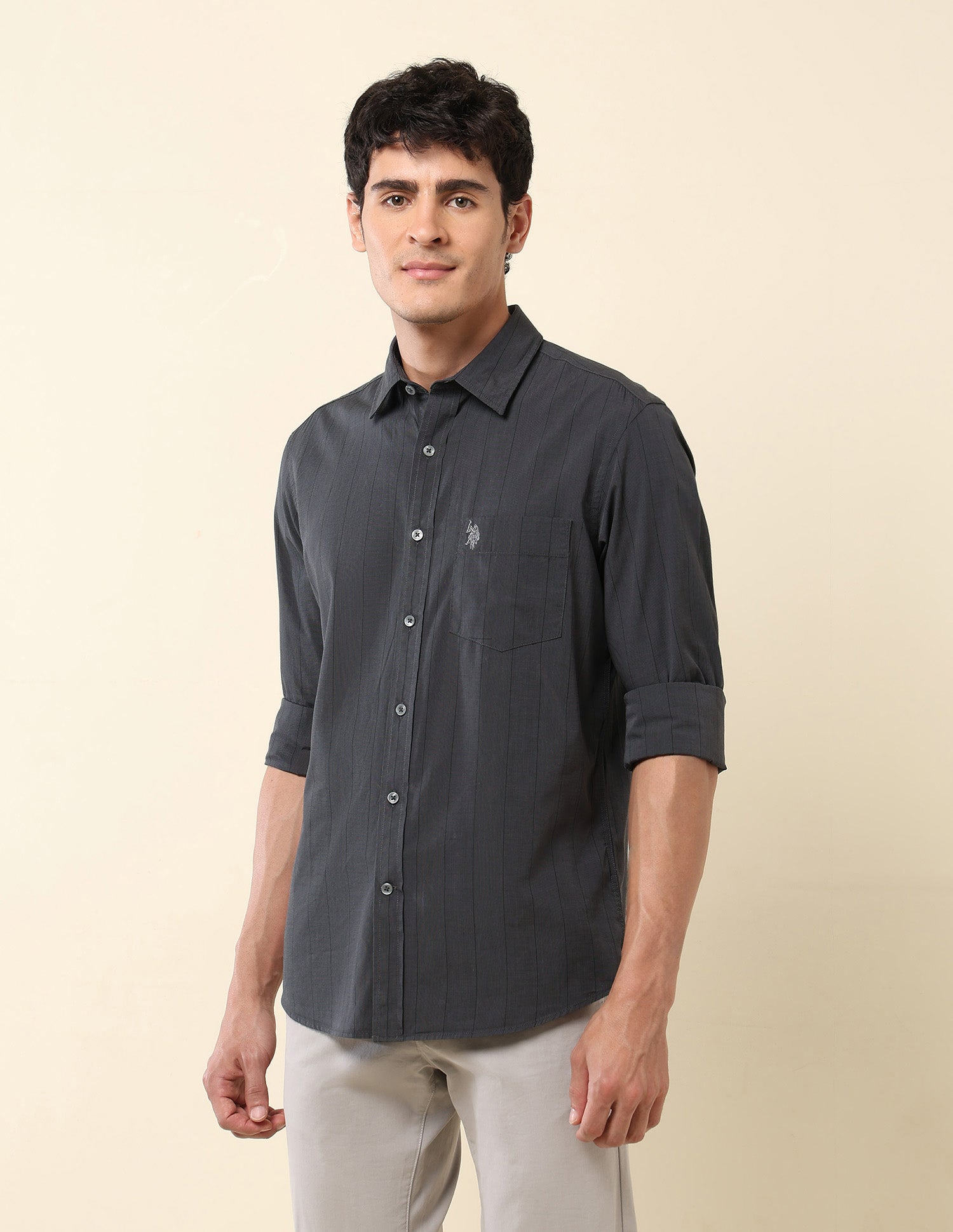 Pinstriped Pure Cotton Shirt Grey - U.S. POLO ASSN. | Large