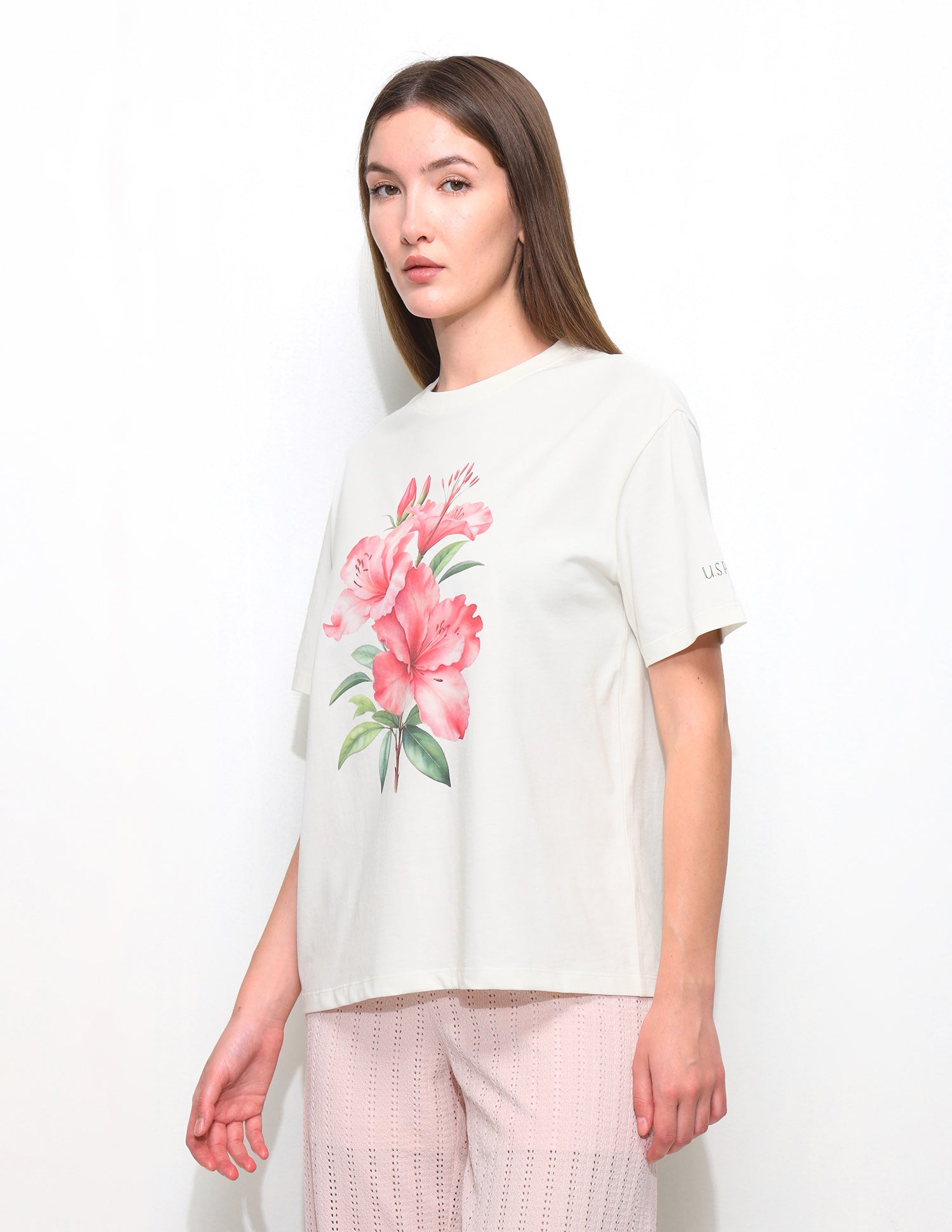 Floral Printed Boxy Fit Crew Neck T-Shirt Off White - U.S. Polo Assn. India | Large
