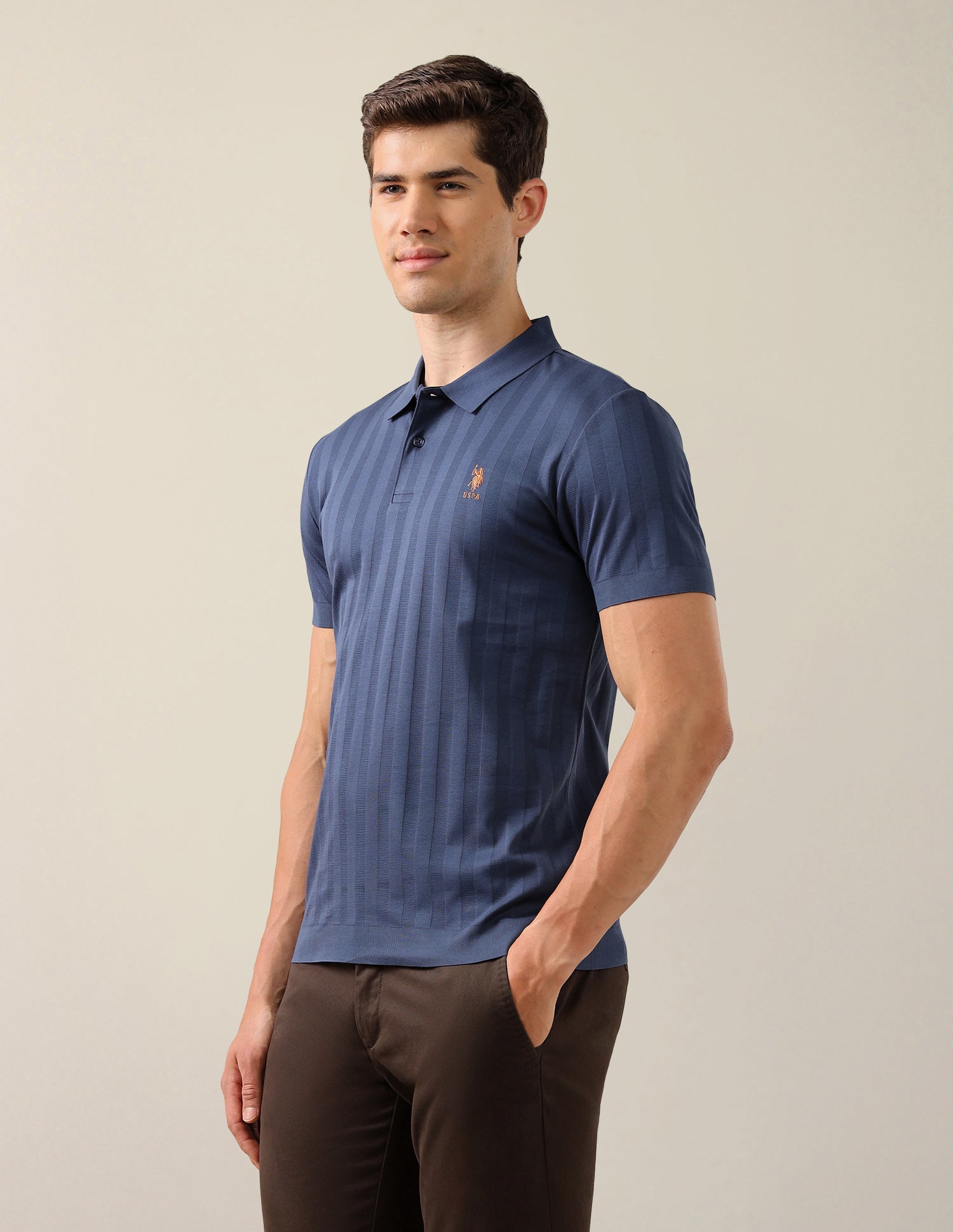 Self Design Vertical Striped Slim Fit Polo Shirt Blue - U.S. Polo Assn. India | Large