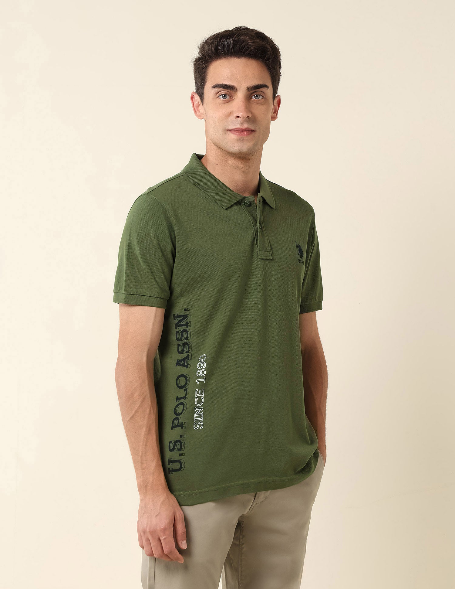 Brand Printed Pure Cotton Polo Shirt Olive - U.S. Polo Assn. India | Large