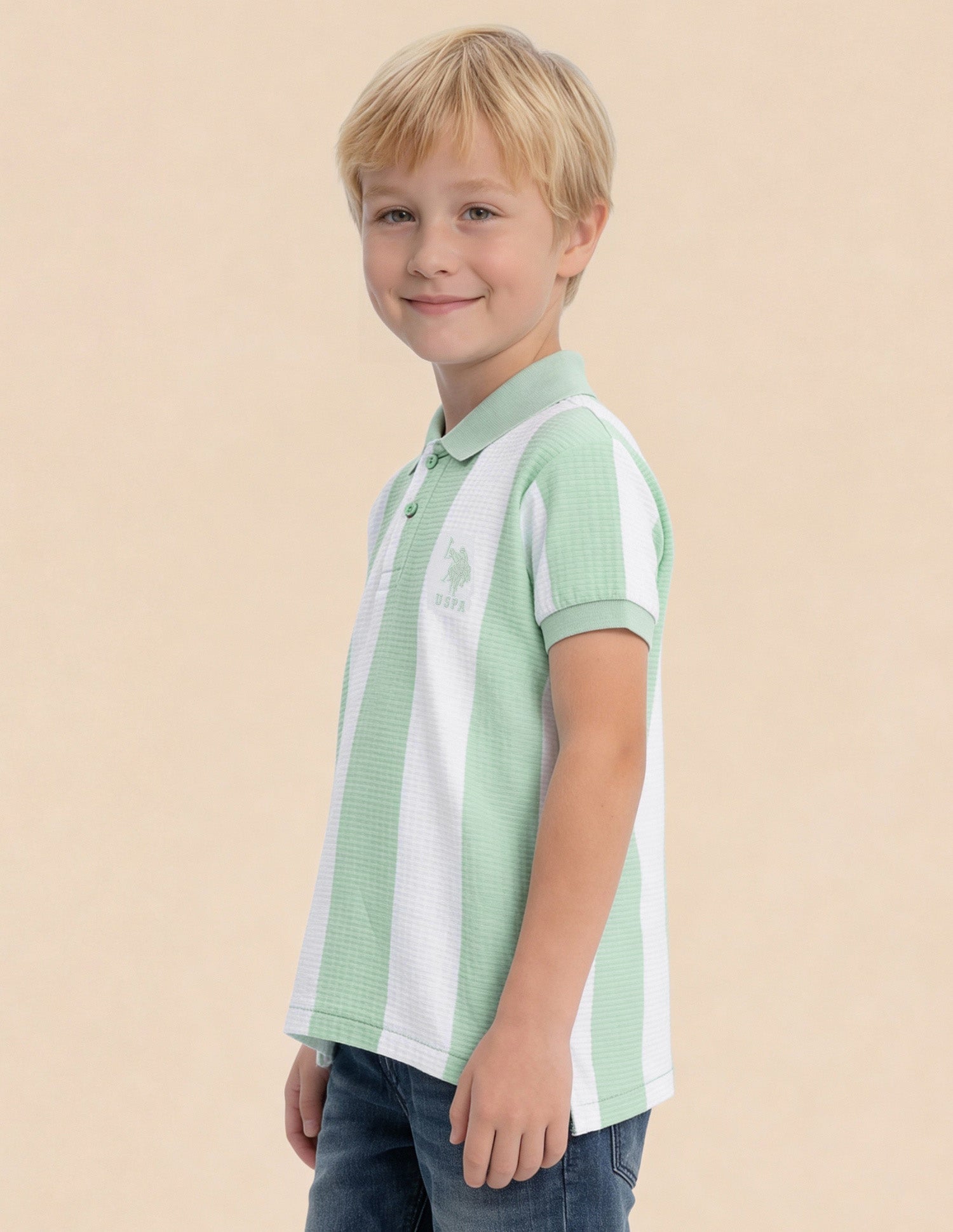 Boys Vertical Striped Regular Fit Polo Shirt Light Green - U.S. Polo Assn. India | Large
